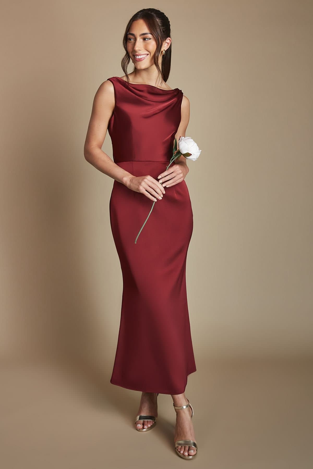 Oasis Oasis Women's Wine Cowl Neck Open Back Midi Bridesmaid Dress