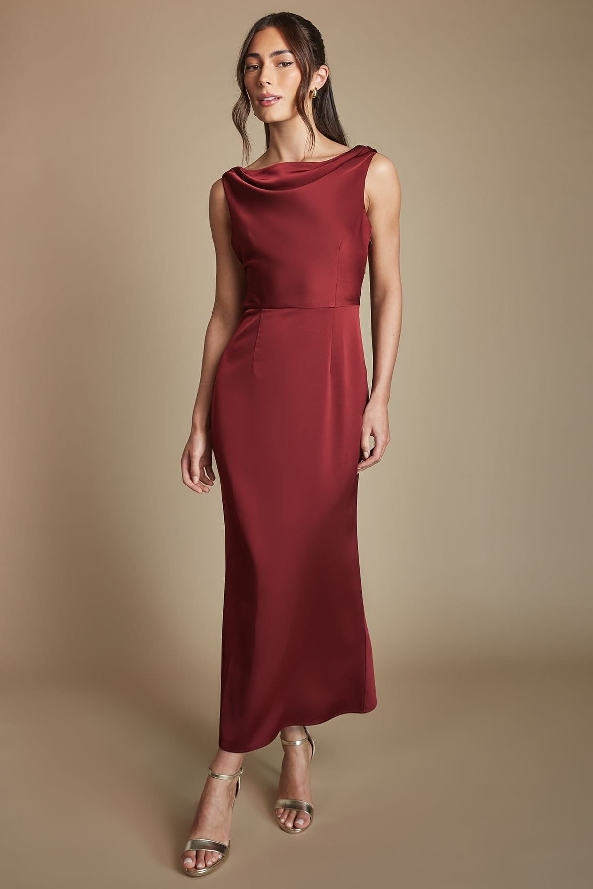 Oasis Oasis Women's Wine Cowl Neck Open Back Midi Bridesmaid Dress - 4