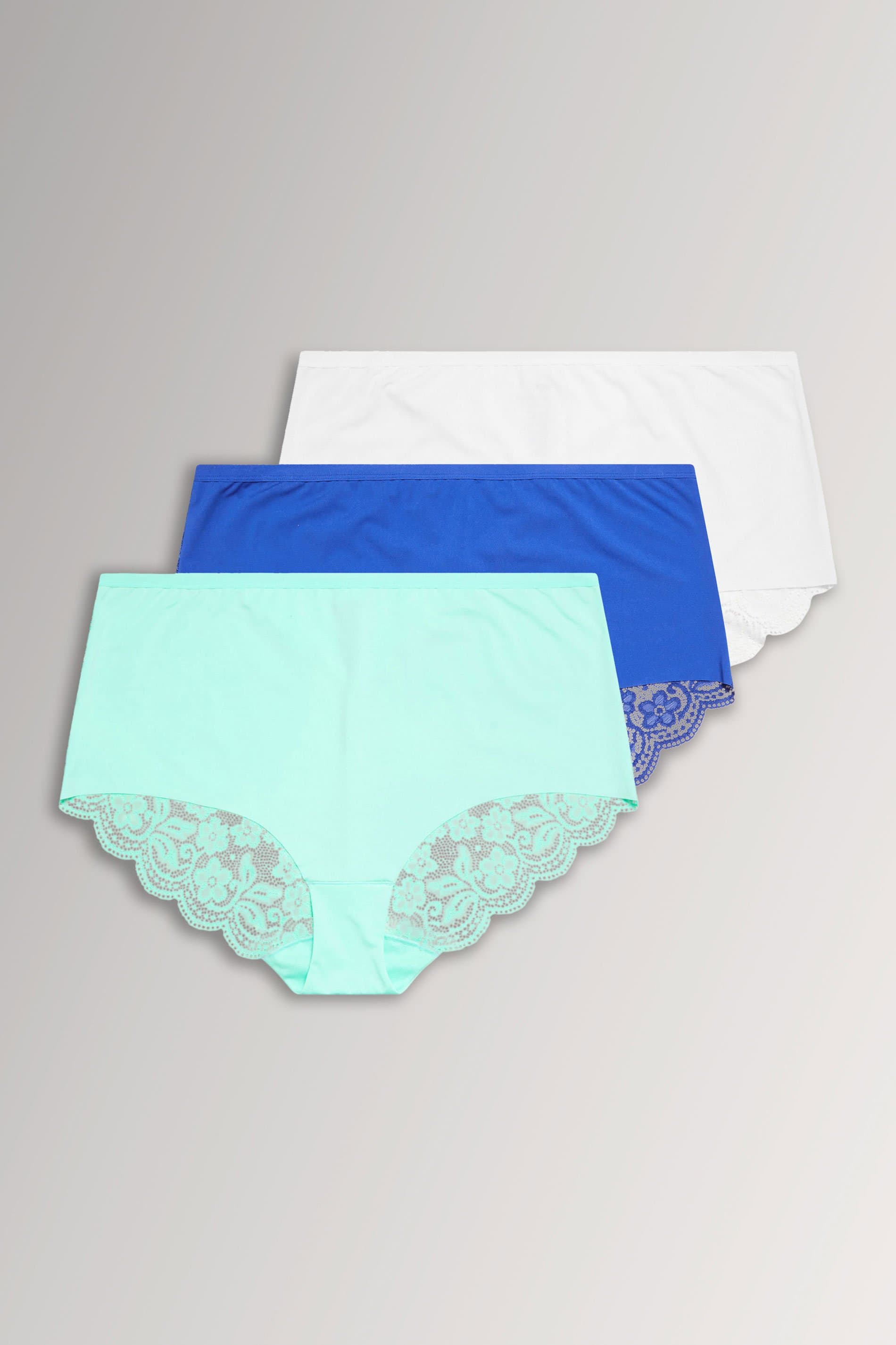 Yours 3 Pack Curve Plus Size Blue & White Lace Back High Waisted Knickers