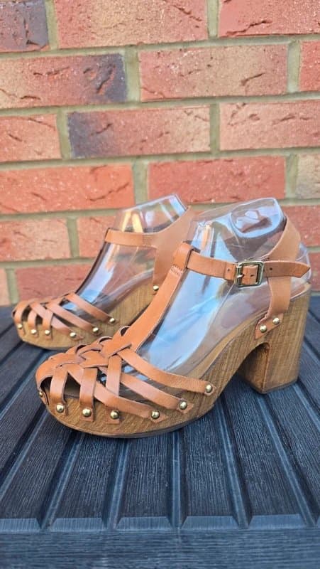 Made In Italy Topshop Tan Leather Wooden Clog Platform Heels Made in Italy UK 6 / EU 39 Boho Festival Y2K