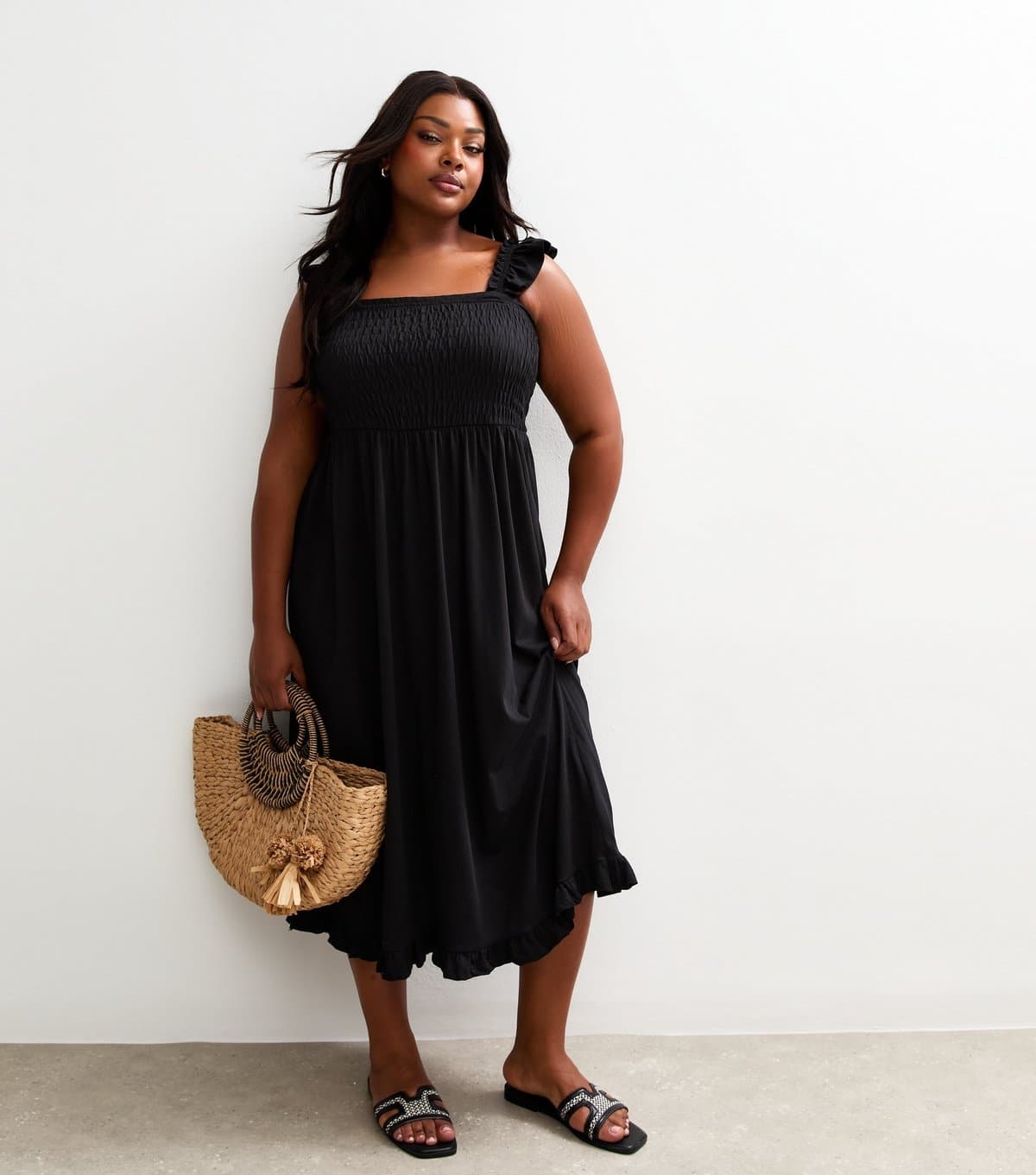 New Look Women's Plus Size Black Cotton Shirred Strappy Midi Dress Curves New Look