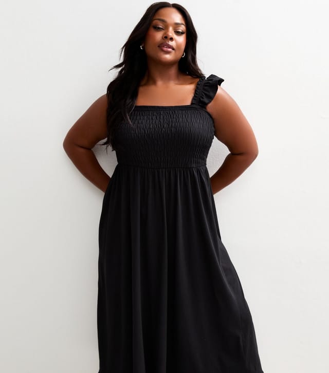 New Look Women's Plus Size Black Cotton Shirred Strappy Midi Dress Curves New Look - 3