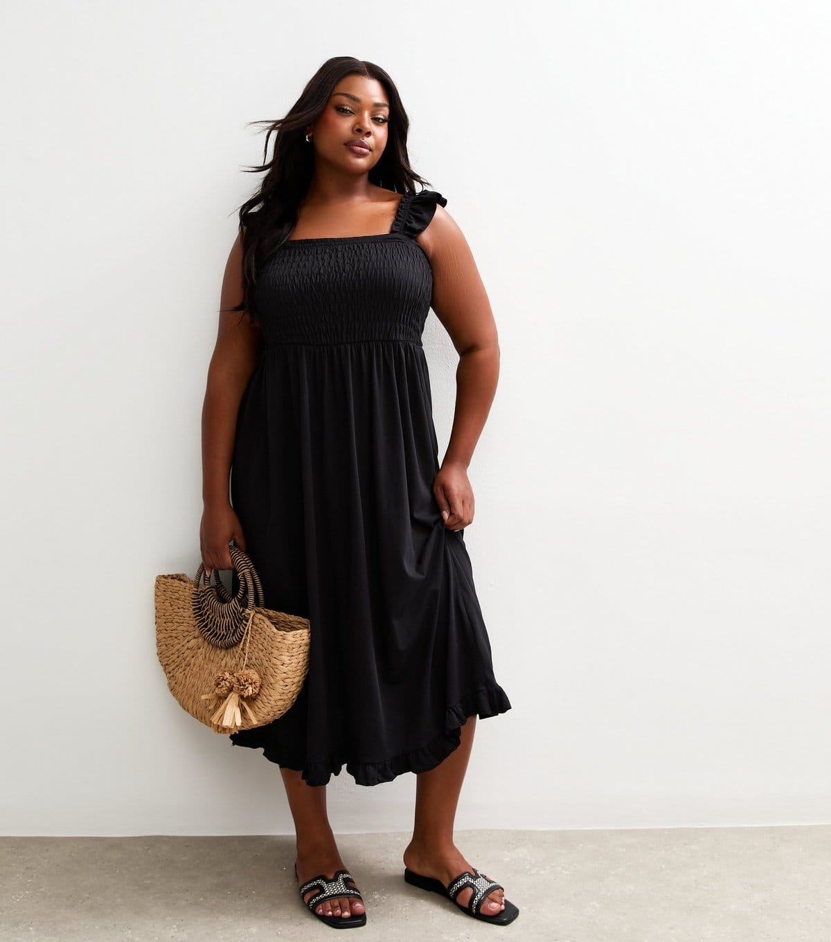 New Look Women's Plus Size Black Cotton Shirred Strappy Midi Dress Curves New Look - 4