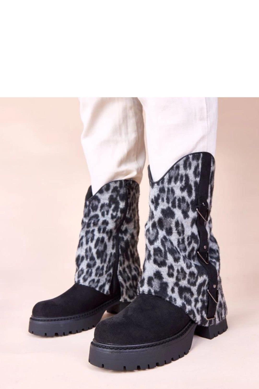 Love Lace Love Lace Women's Comfort Leopard Print Rolled Shaft Flat Ankle Boots Kaylia in Black