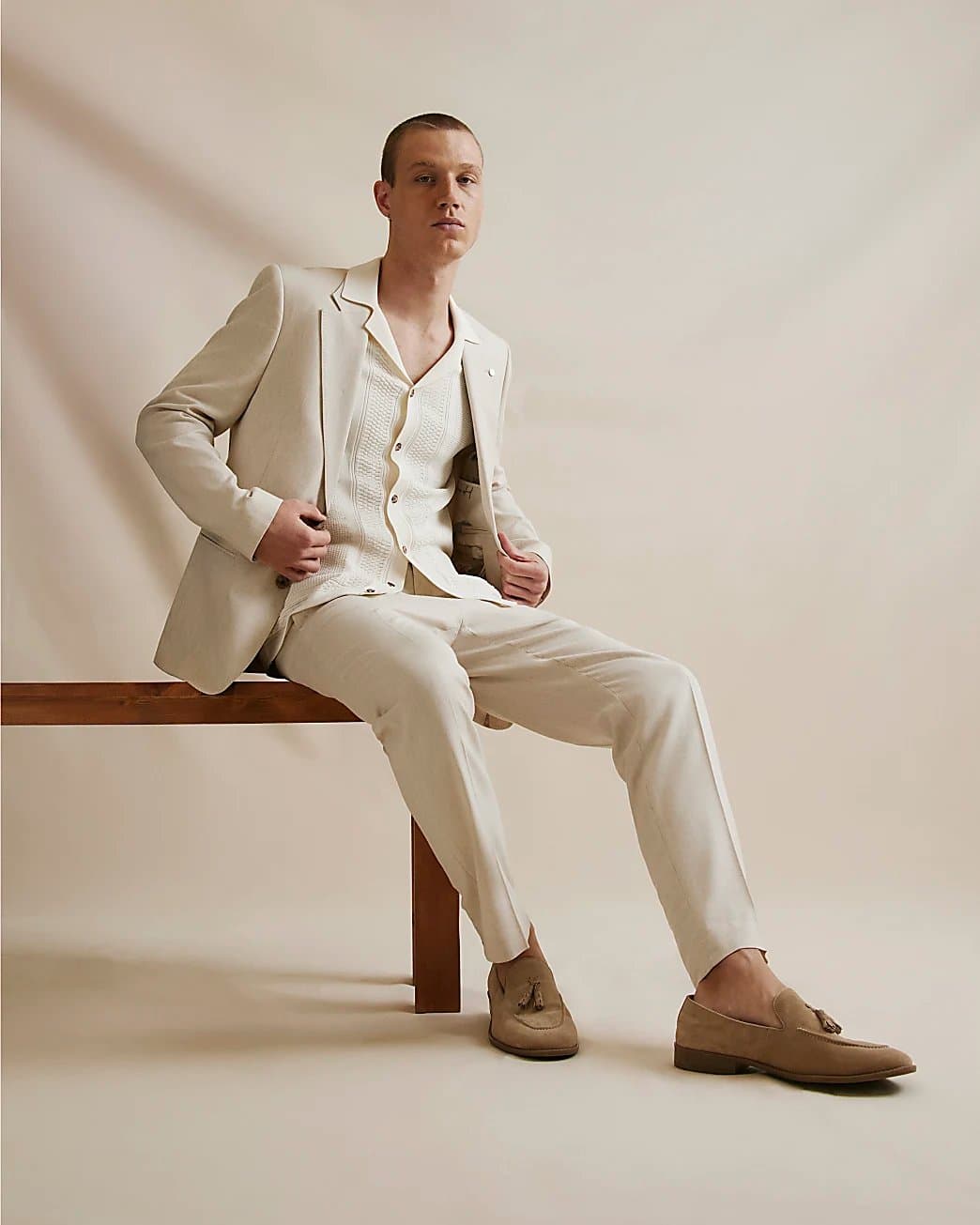 River Island Mens River Island Cream Slim Fit Linen Blend Suit Trousers