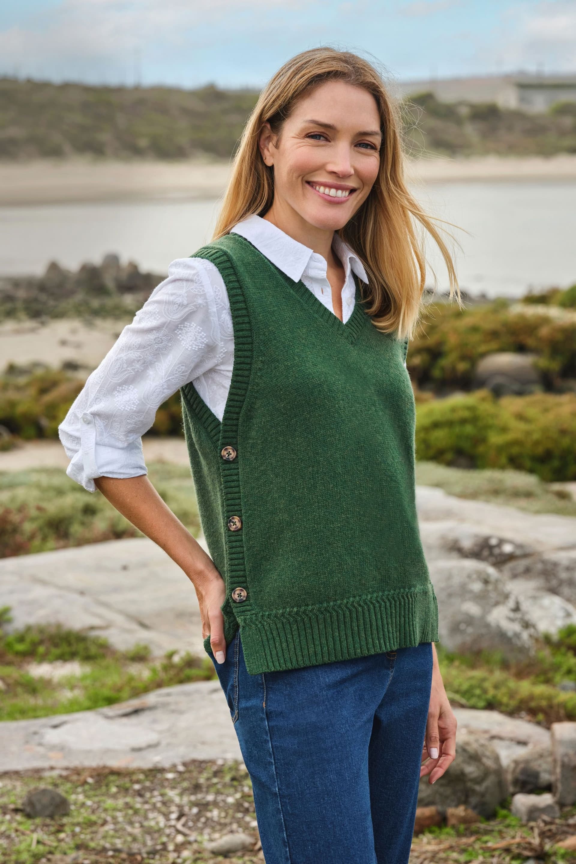 WoolOvers WoolOvers Women's V-Neck Tank With Side Buttons in Green