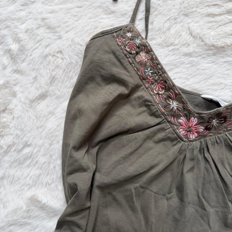 New Look Khaki Floral Embroidered Lace Trim Cami Top