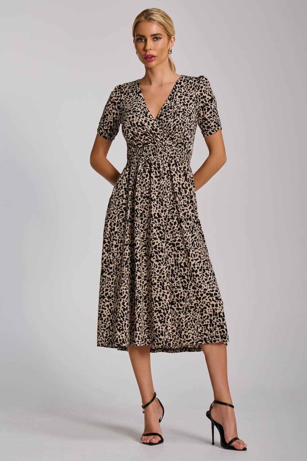 Jolie Moi Jolie Moi Women's Short Sleeve Printed Jersey Midi Dress in Beige - 3