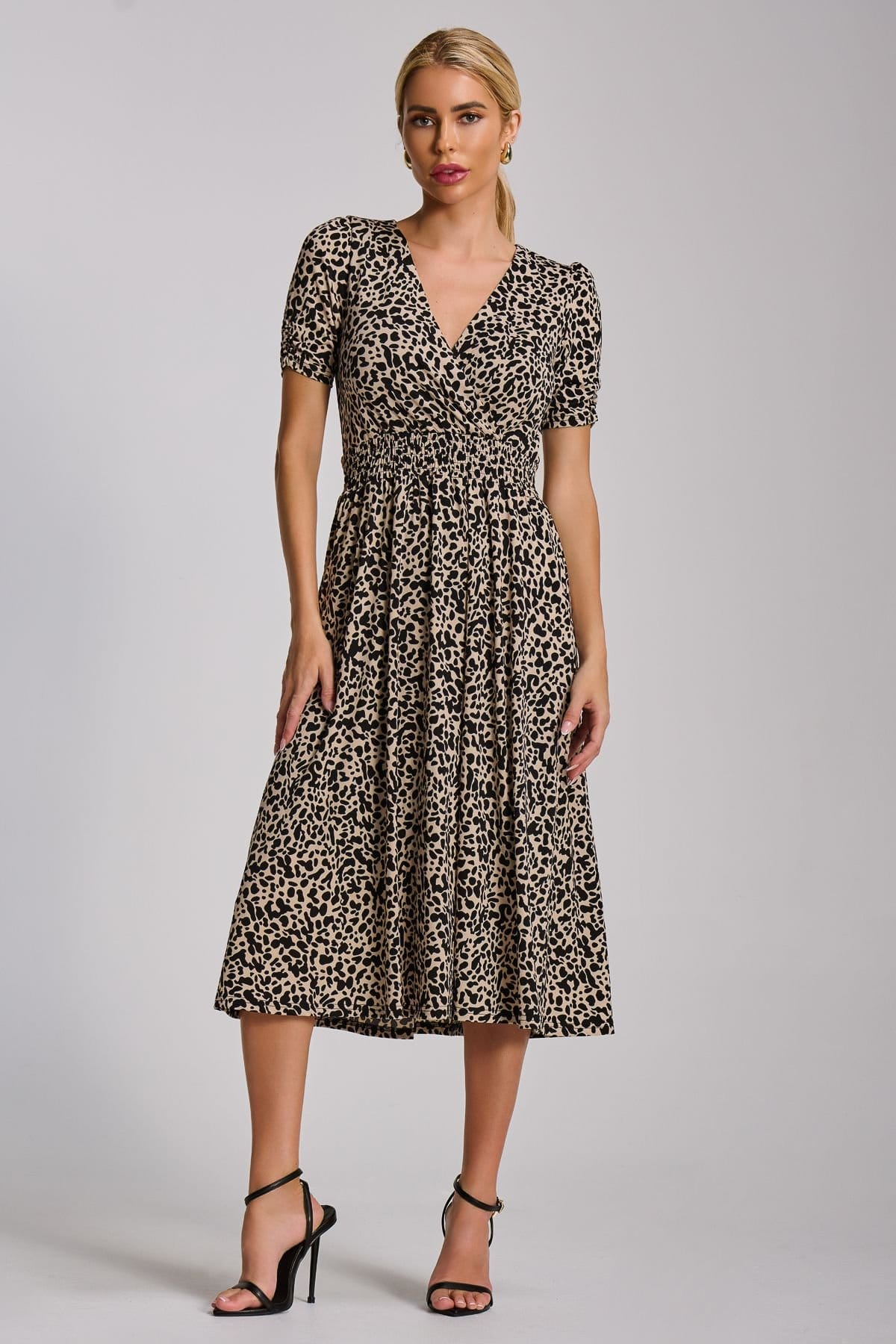 Jolie Moi Jolie Moi Women's Short Sleeve Printed Jersey Midi Dress in Beige - 4