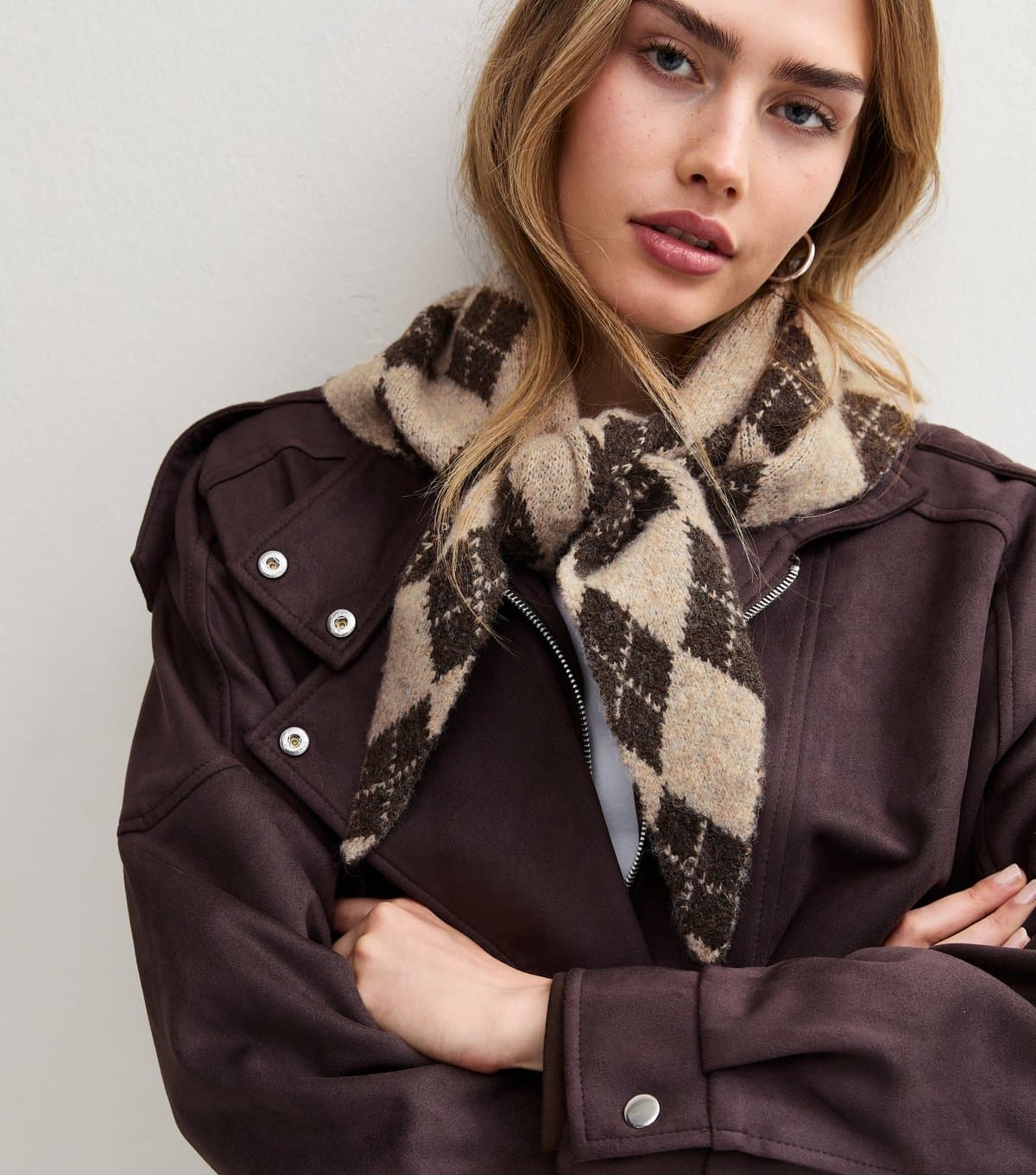 New Look Brown Argyle Knit Mini Triangle Scarf New Look