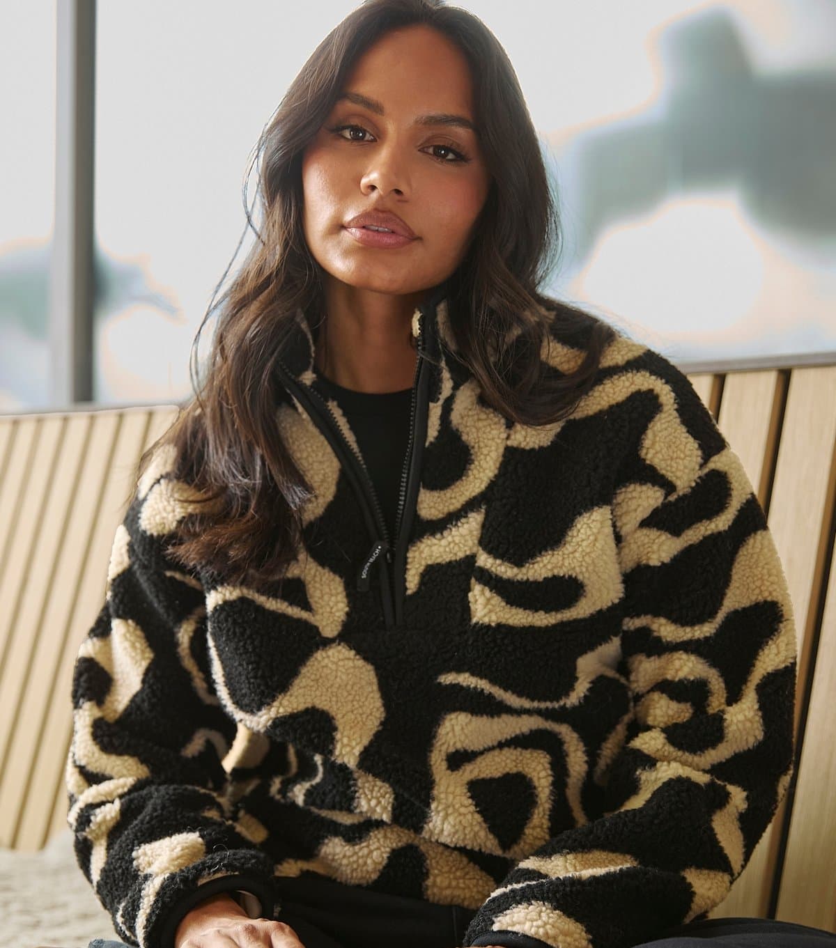 South Beach Women's Black Patterned Borg Quarter Zip Jacket South Beach New Look