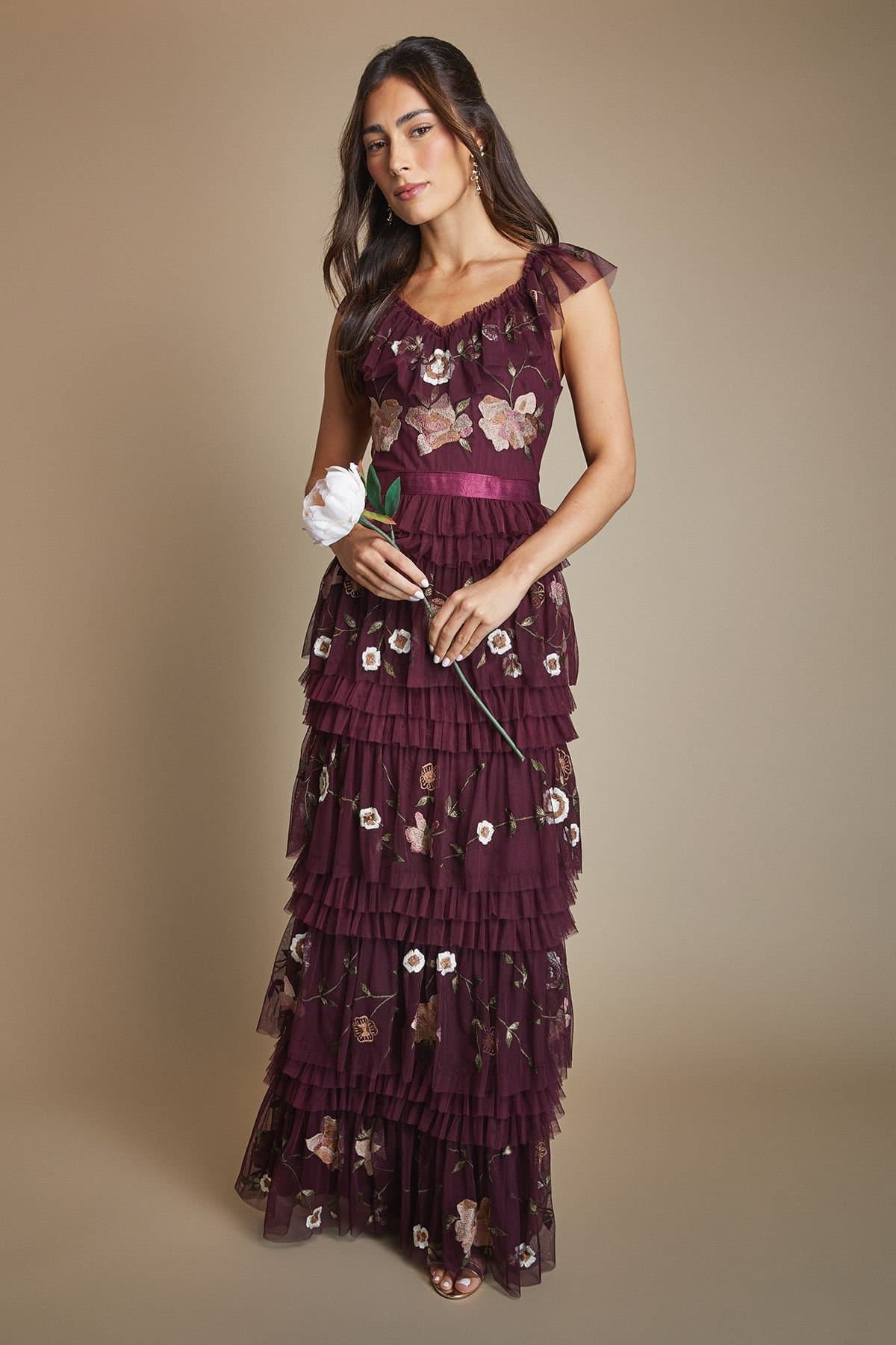 Coast Coast Women's Embroidered Mesh Ruffle Pleat Maxi Bridesmaid Dress in Malbec