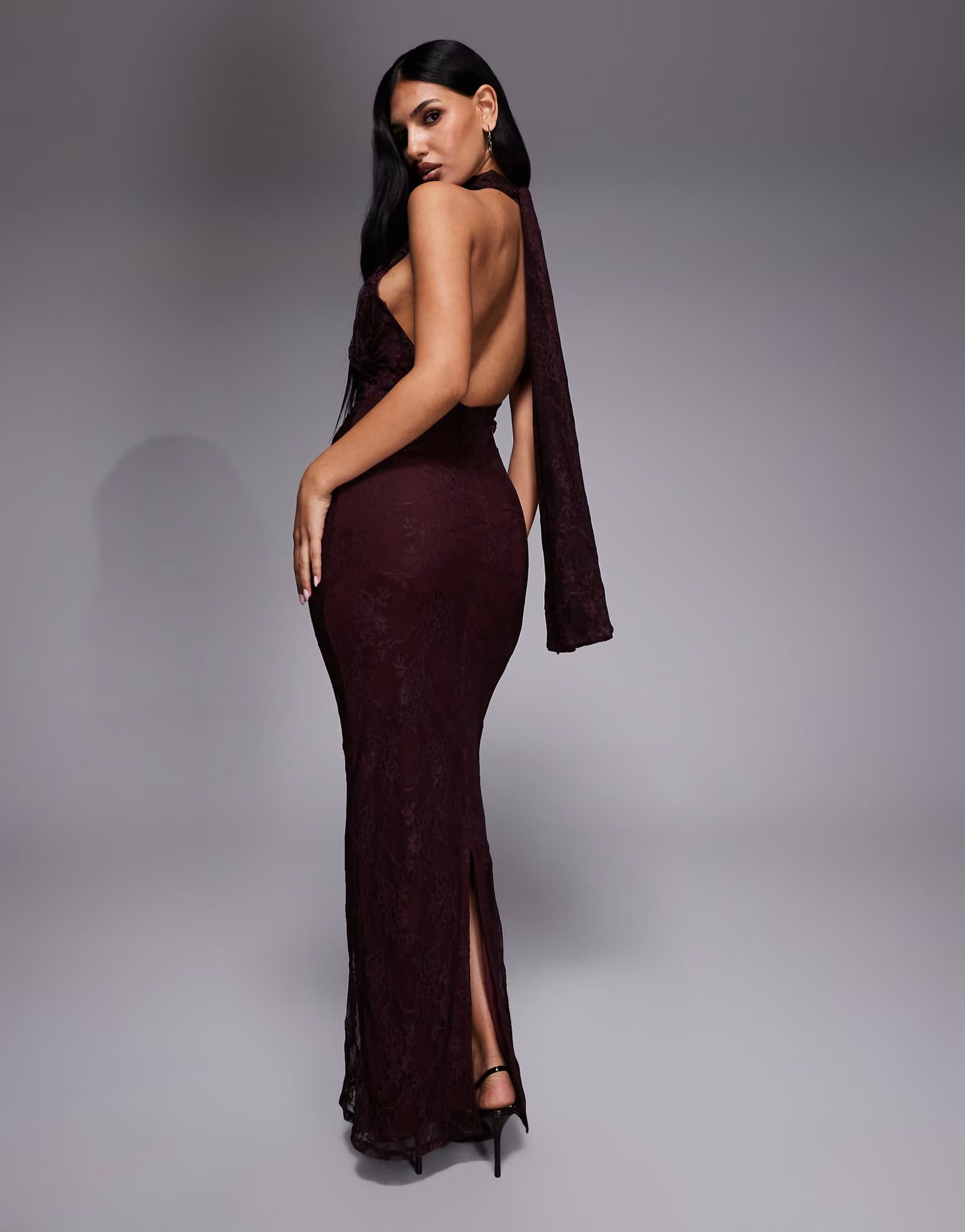 ASOS ASOS DESIGN lace twist bust halter open back maxi dress in chocolate