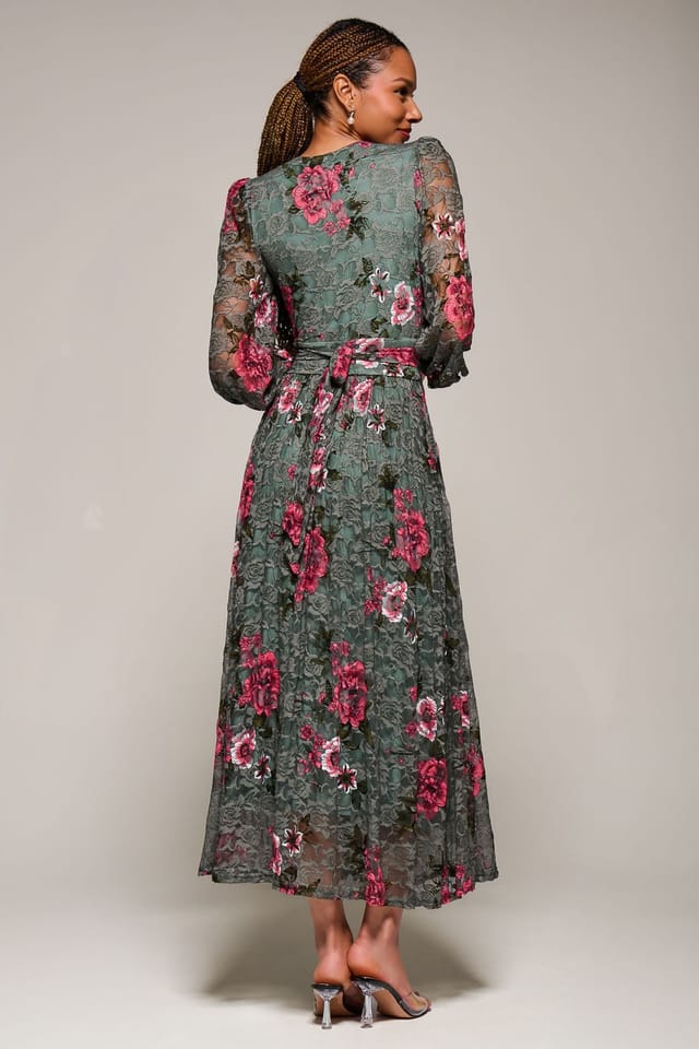 Jolie Moi Jolie Moi Women's Long Sleeve Printed Lace Midaxi Dress in Green - 2