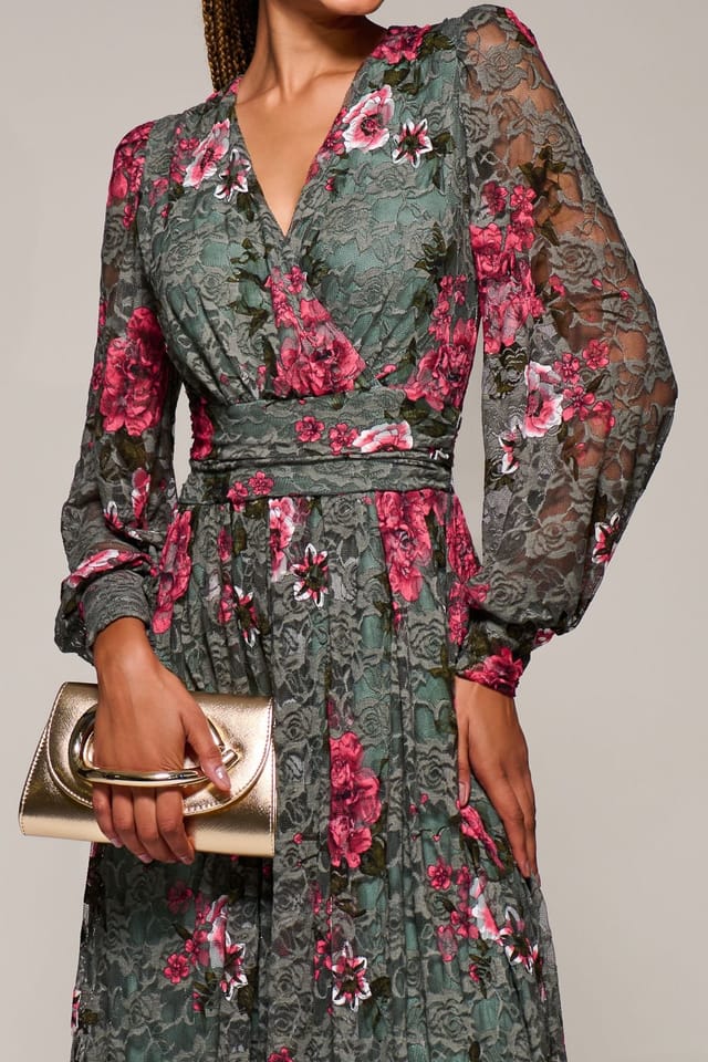 Jolie Moi Jolie Moi Women's Long Sleeve Printed Lace Midaxi Dress in Green - 3