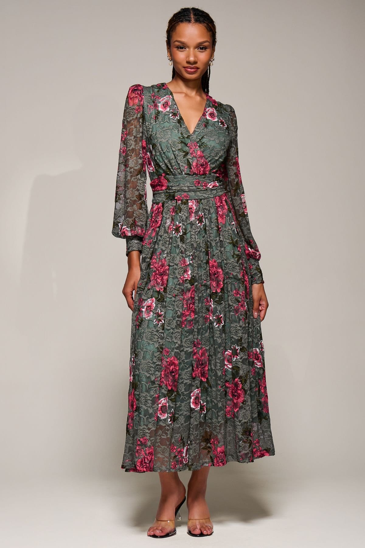 Jolie Moi Jolie Moi Women's Long Sleeve Printed Lace Midaxi Dress in Green - 4