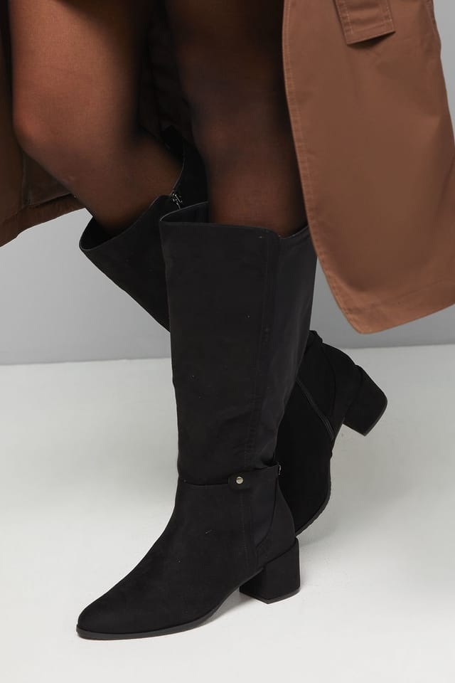Wallis Wallis Women's Extra Wide Fit Hallen Stretch Back Medium Block Heel Knee Boots in Natural Black - 2