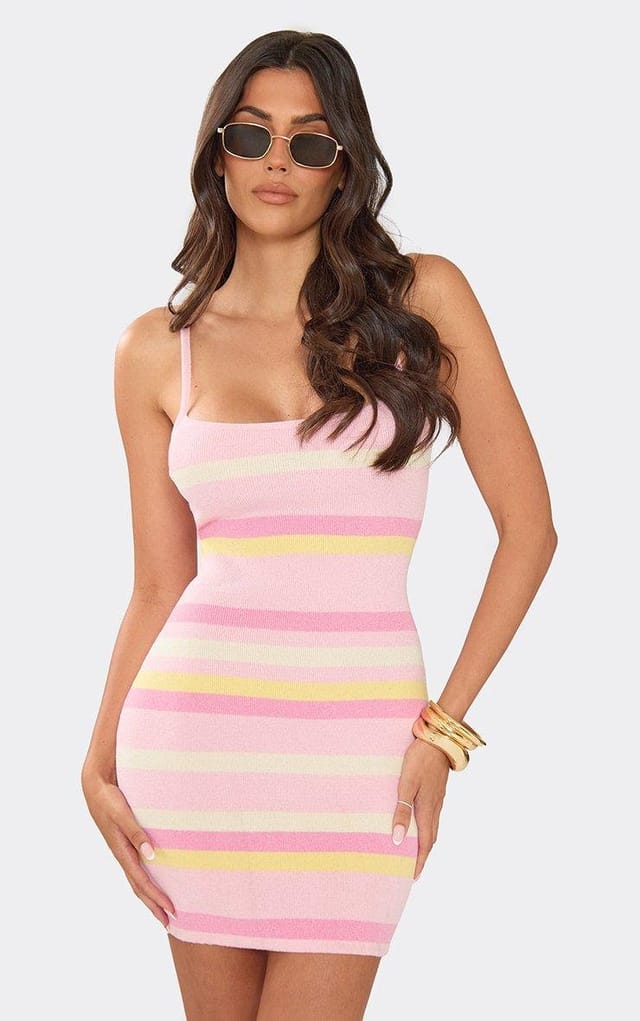EGO Strappy Mini Dress In Pink Multi Stripe Knit, Women's Size UK L - 2