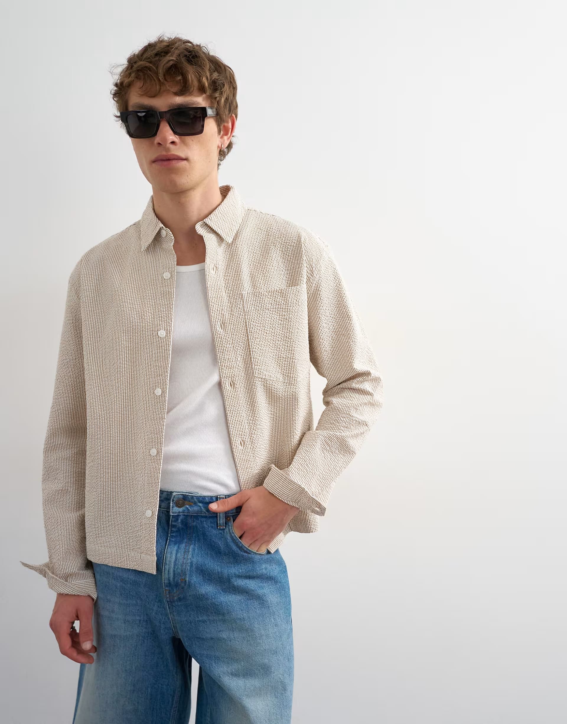 ASOS Topman relaxed fit crop seersucker shirt in stone