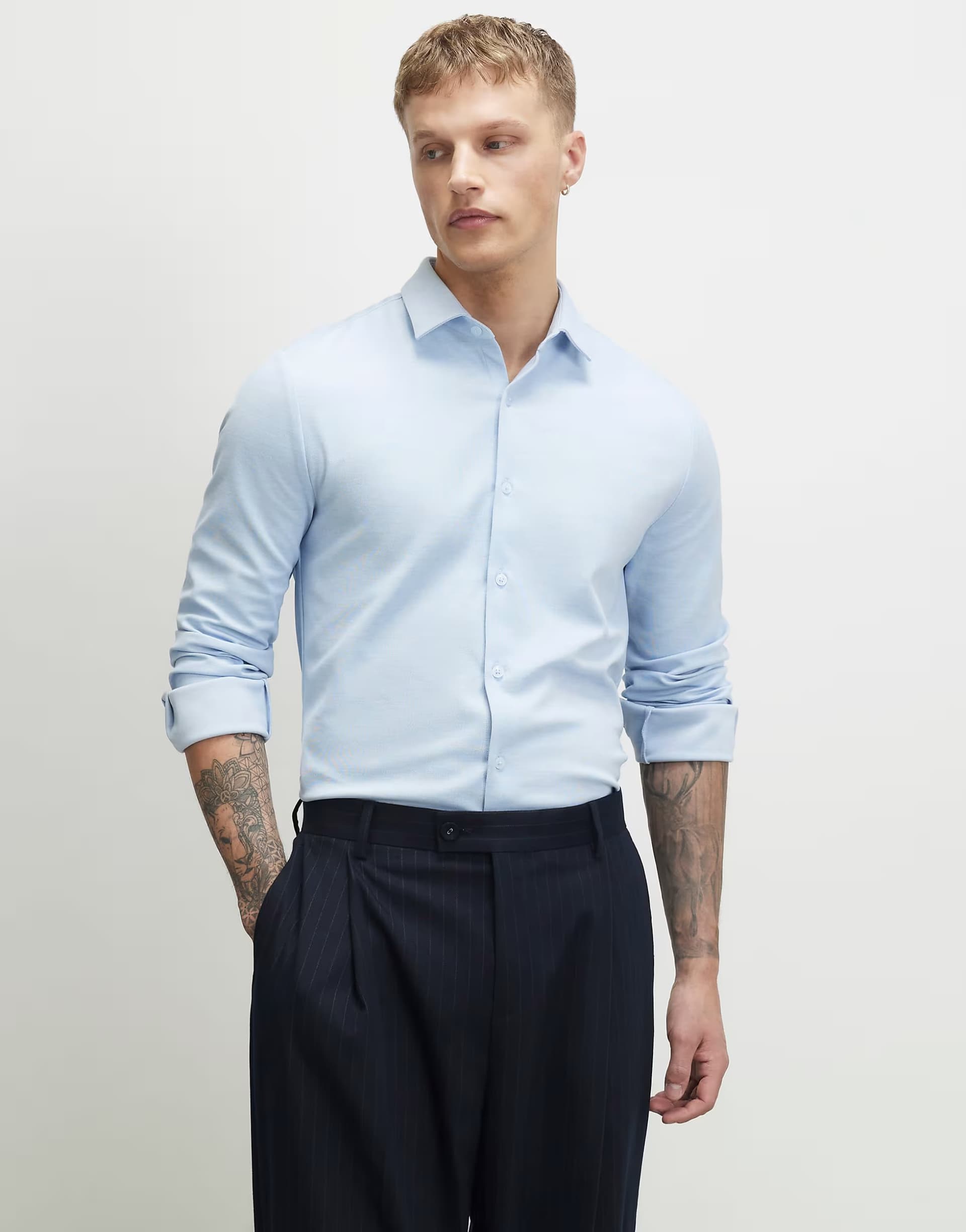 ASOS River Island Muscle fit pique long sleeve shirt in blue