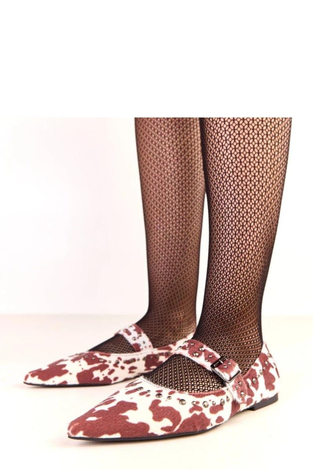 Love Lace Love Lace Women's Ballet Flats with Buckle Pointed Toe Stud Cow Print Suede in Brown
