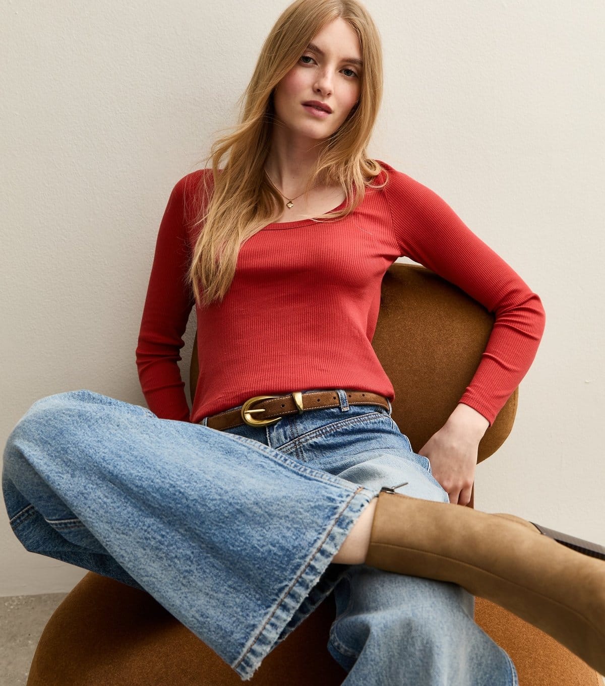 New Look Red Ribbed Jersey Scoop Neck Long Sleeve Top