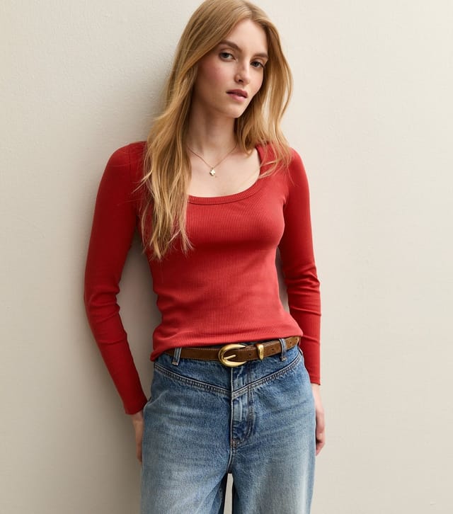 New Look Women's Red Scoop Neck Long Sleeve Ribbed Top New Look - 3