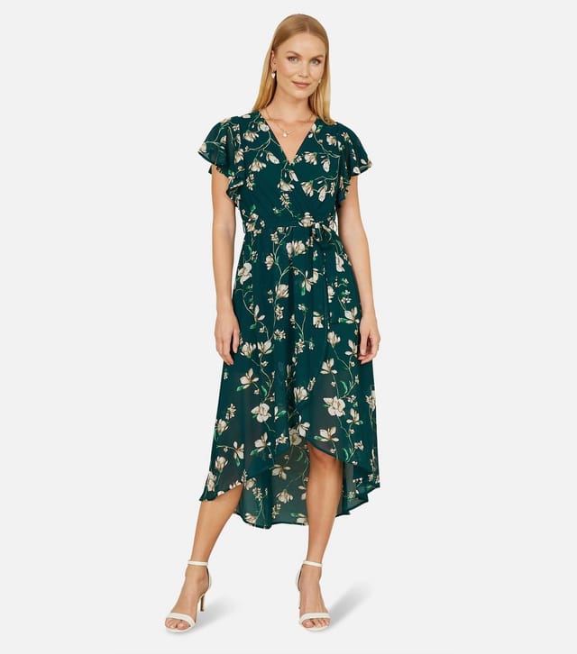 Yumi Women's Green Floral Print Wrap Midi Dress Yumi New Look - 2