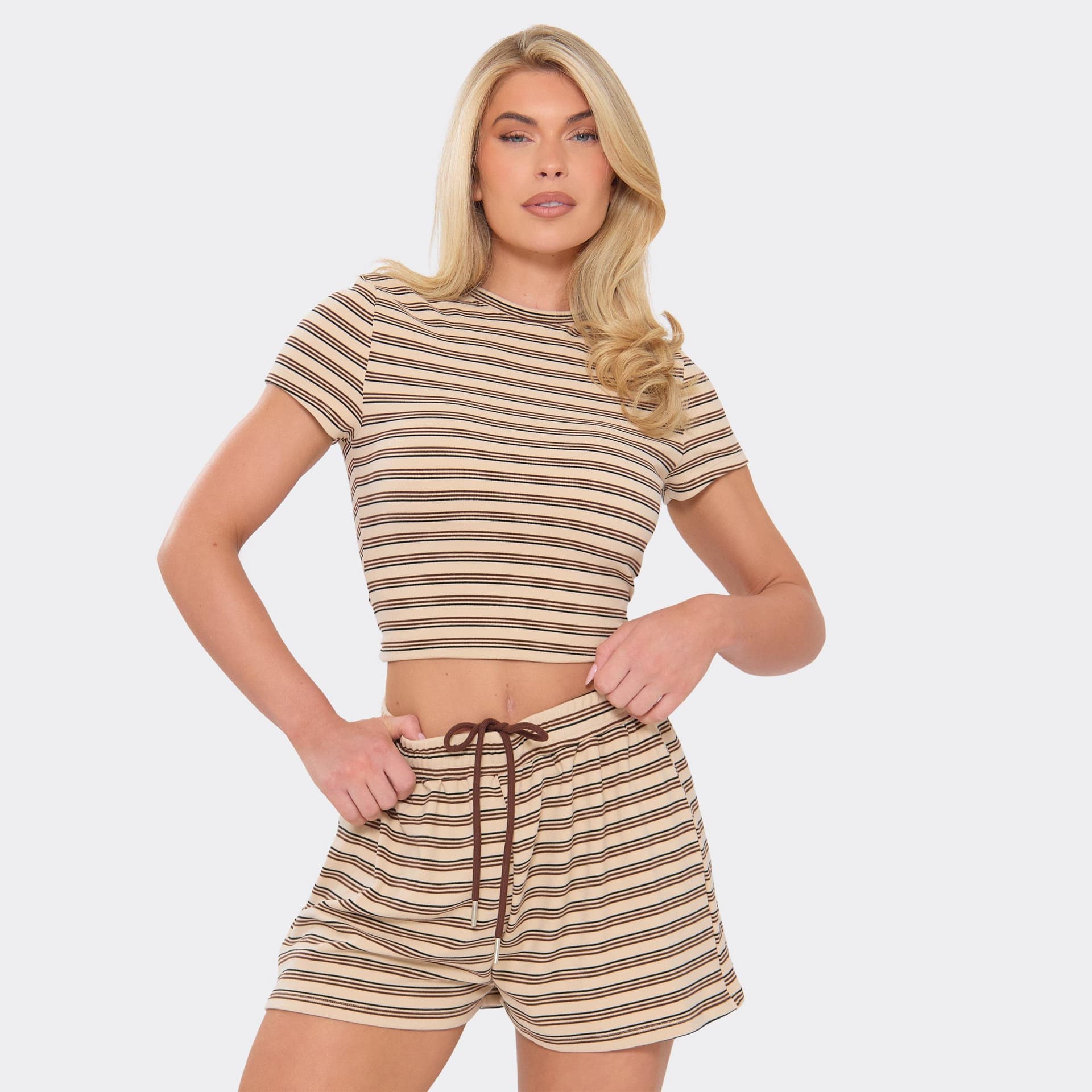 EGO Short Sleeve Top In Cream Stripe Soft Fleece, Women's Size UK 6
