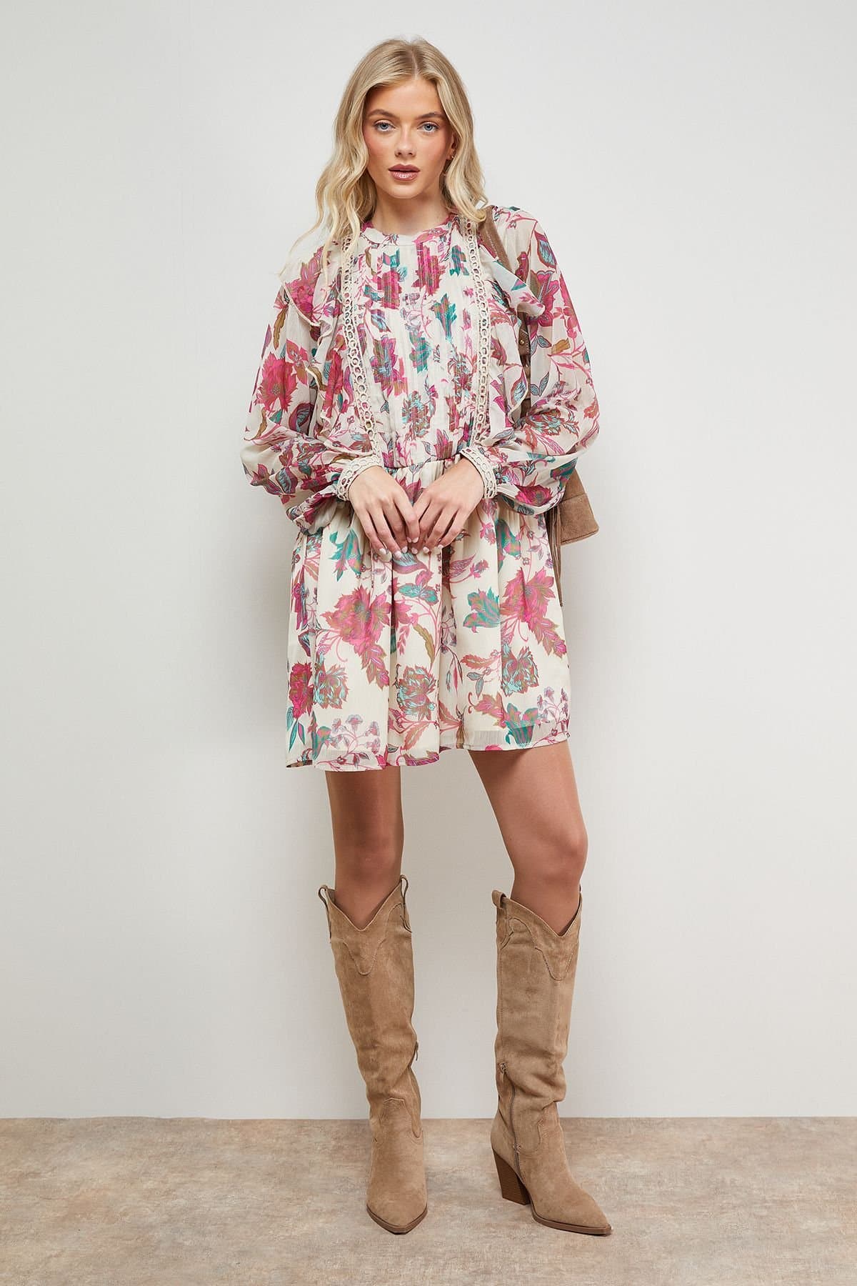Oasis Oasis Women's Printed Frill Detail Chiffon Mini Dress in Floral