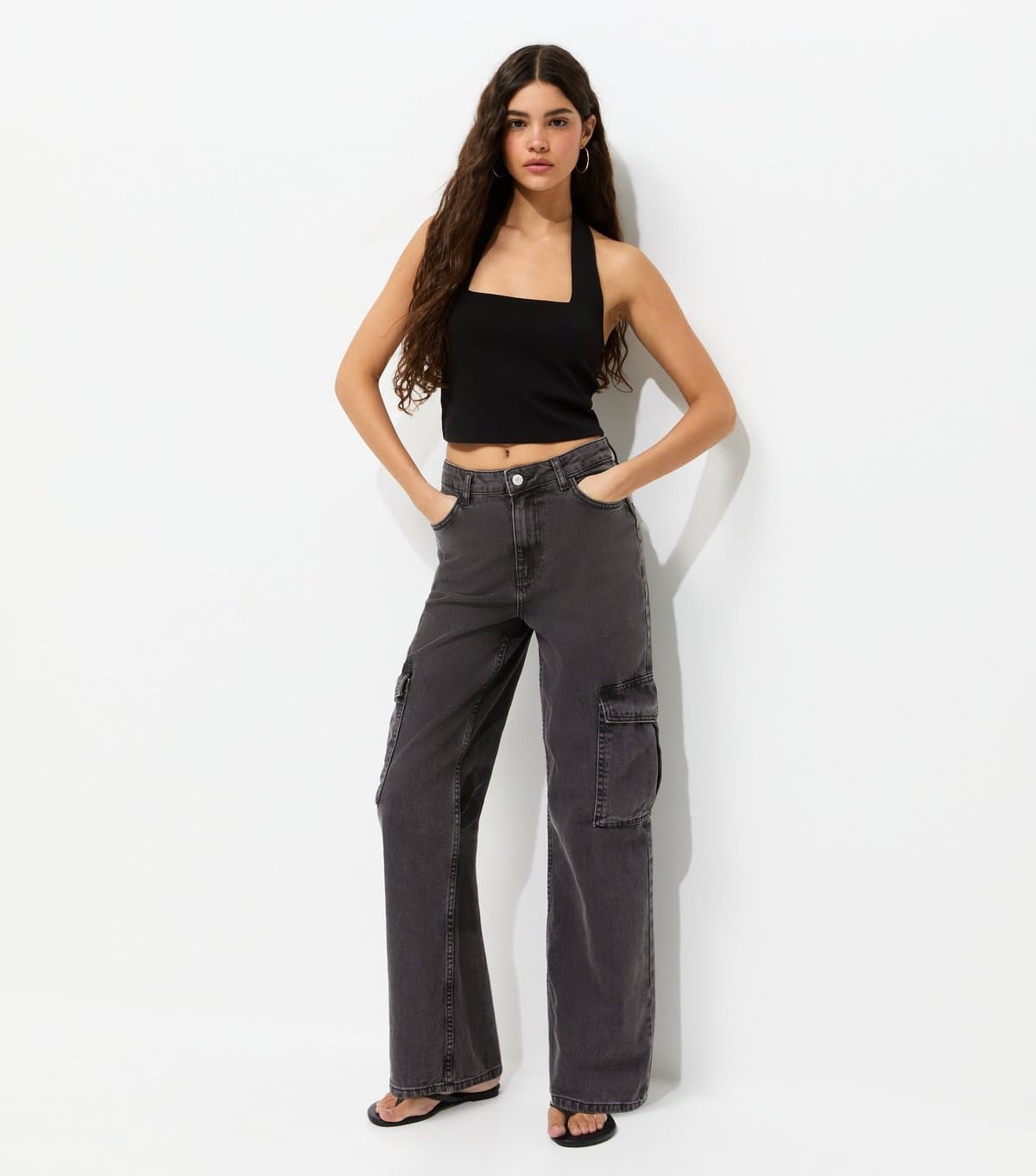 New Look Women's Washed Black High Waist Cargo Jeans New Look