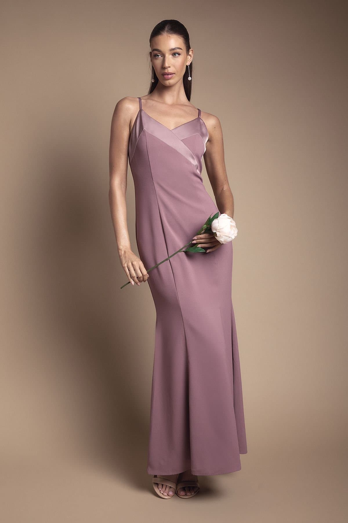 Coast Coast Women's Strappy V Neck Satin Trim Bridesmaid Dress in Dusty Mauve