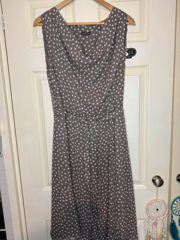 BHS Brown/Grey Polka Dot Midi Dress | Belted | Size UK 20