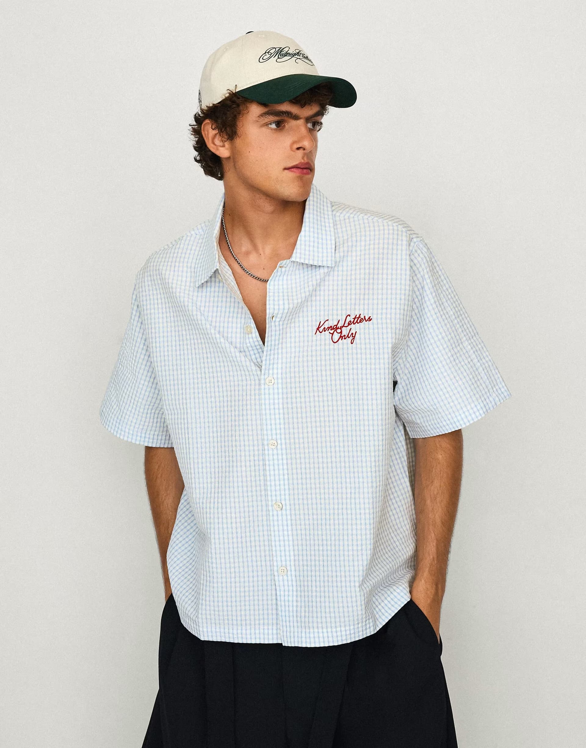 ASOS Bershka Boxy embroidered short sleeve shirt in light blue