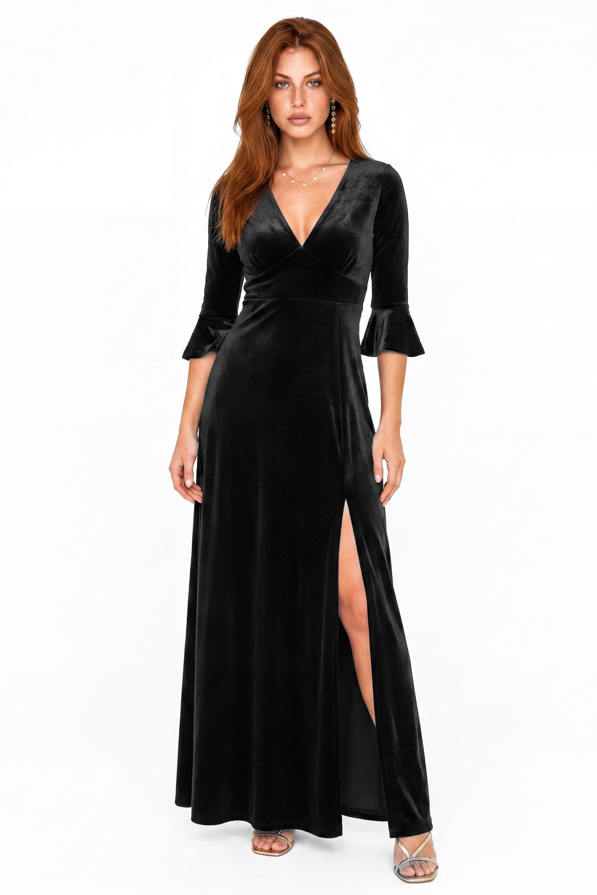 Maya Deluxe Maya Deluxe Women's Flute Sleeve Velvet Maxi Dress in Black