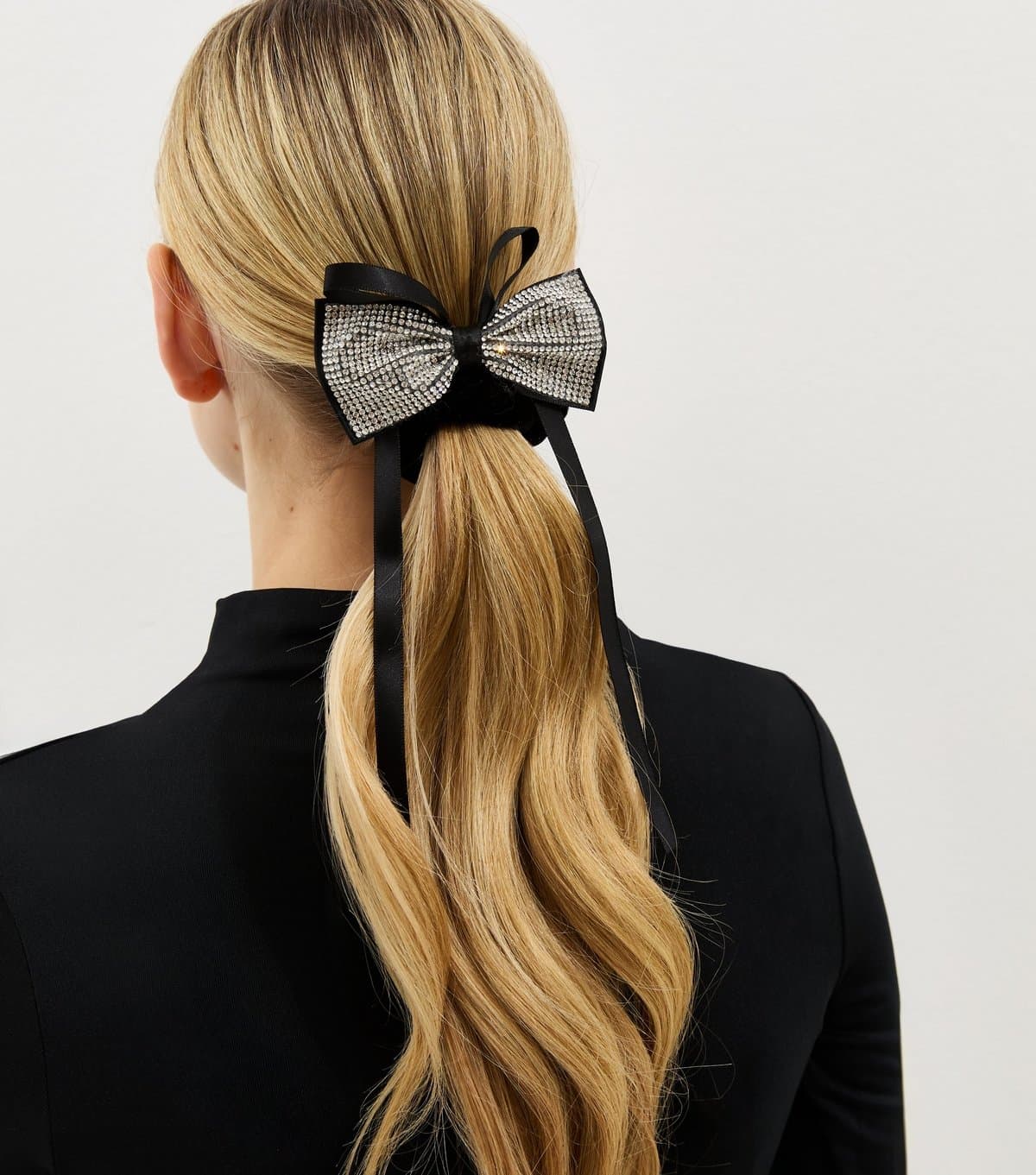 New Look Black Velvet Silver Diamante Bow Scrunchie New Look
