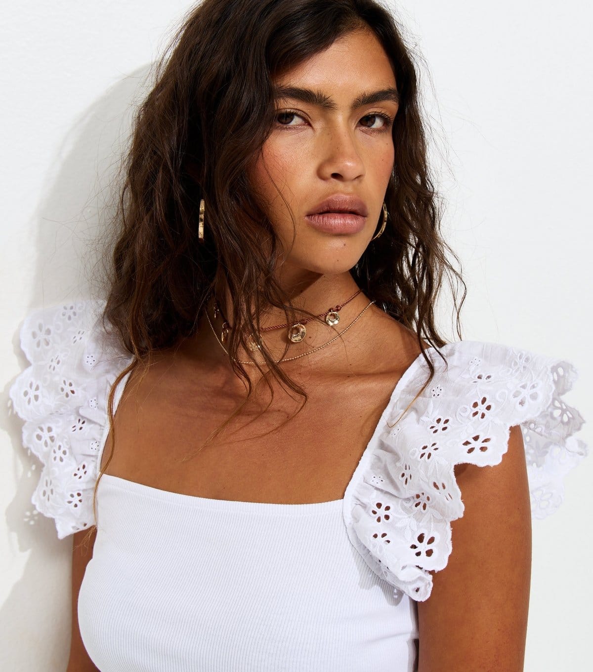 New Look White Ribbed Jersey Broderie Sleeve Vest Top
