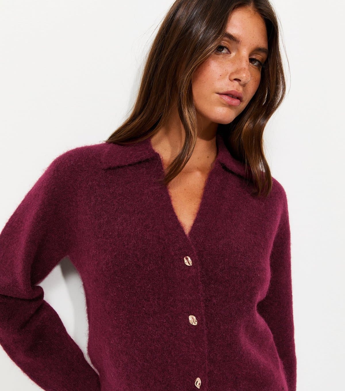 New Look Women's Dark Burgundy Collared V-Neck Knitted Cardigan New Look