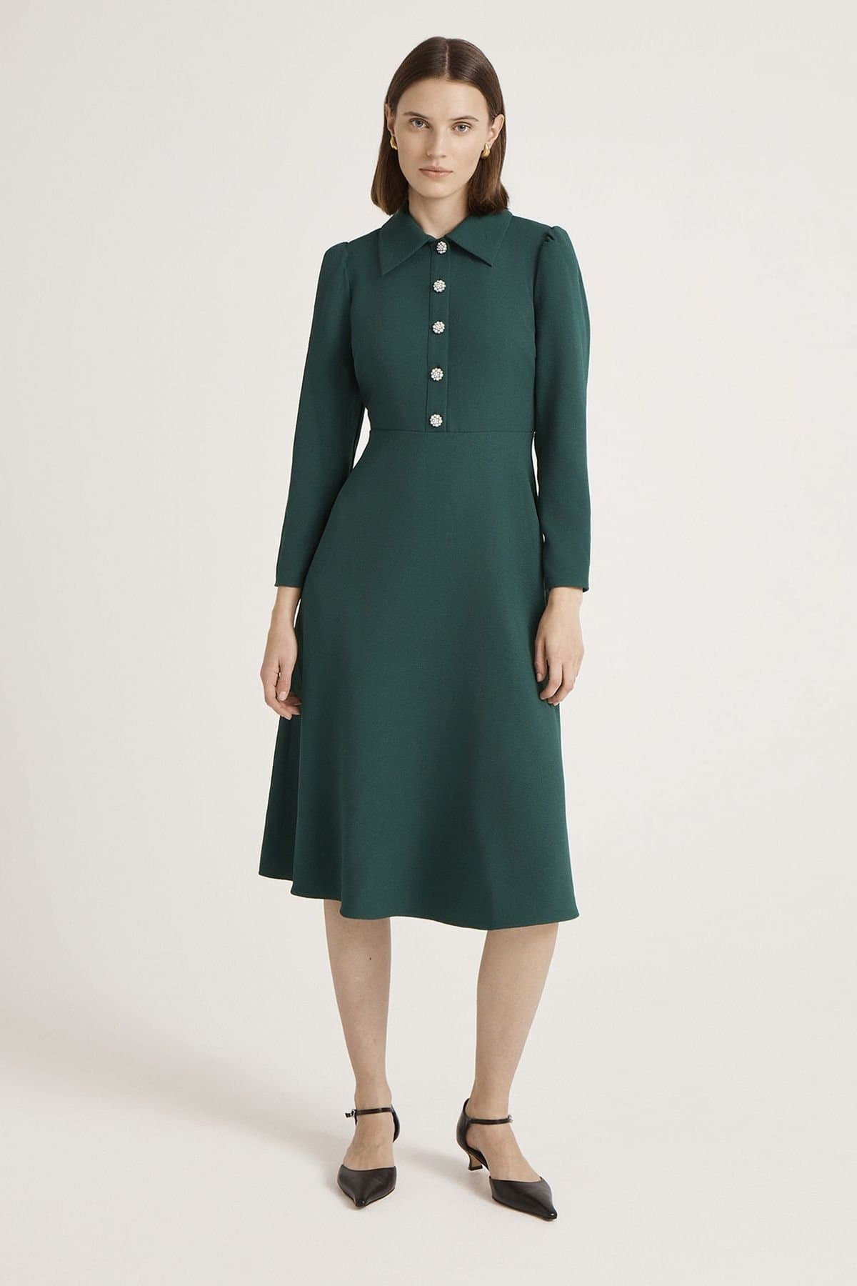 Finery London Finery London Women's Petite Lucia Crepe Collared Midi Dress in Bottle Green