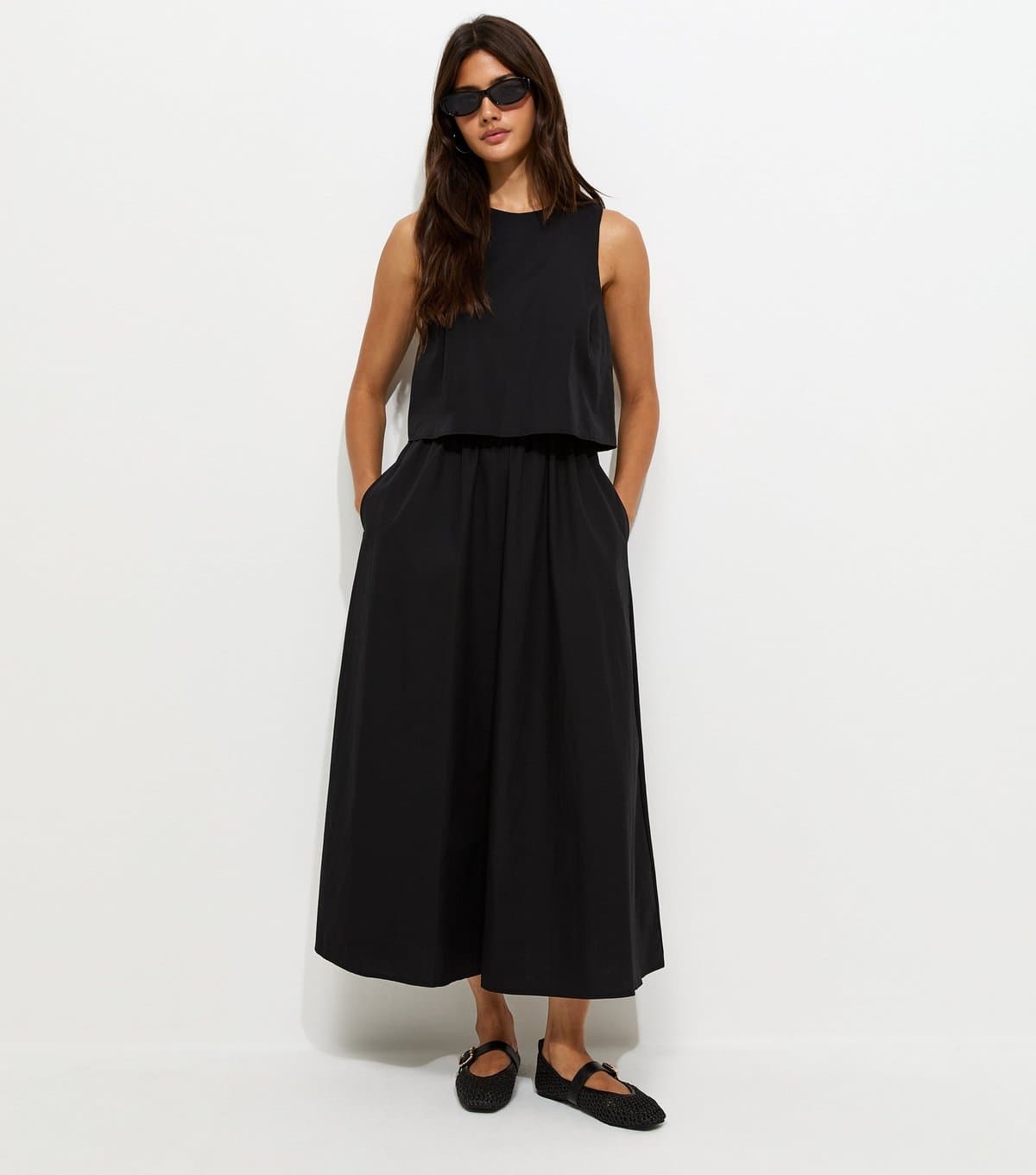 New Look Women's Black Cotton Layered 2-in-1 Sleeveless Midi Dress New Look