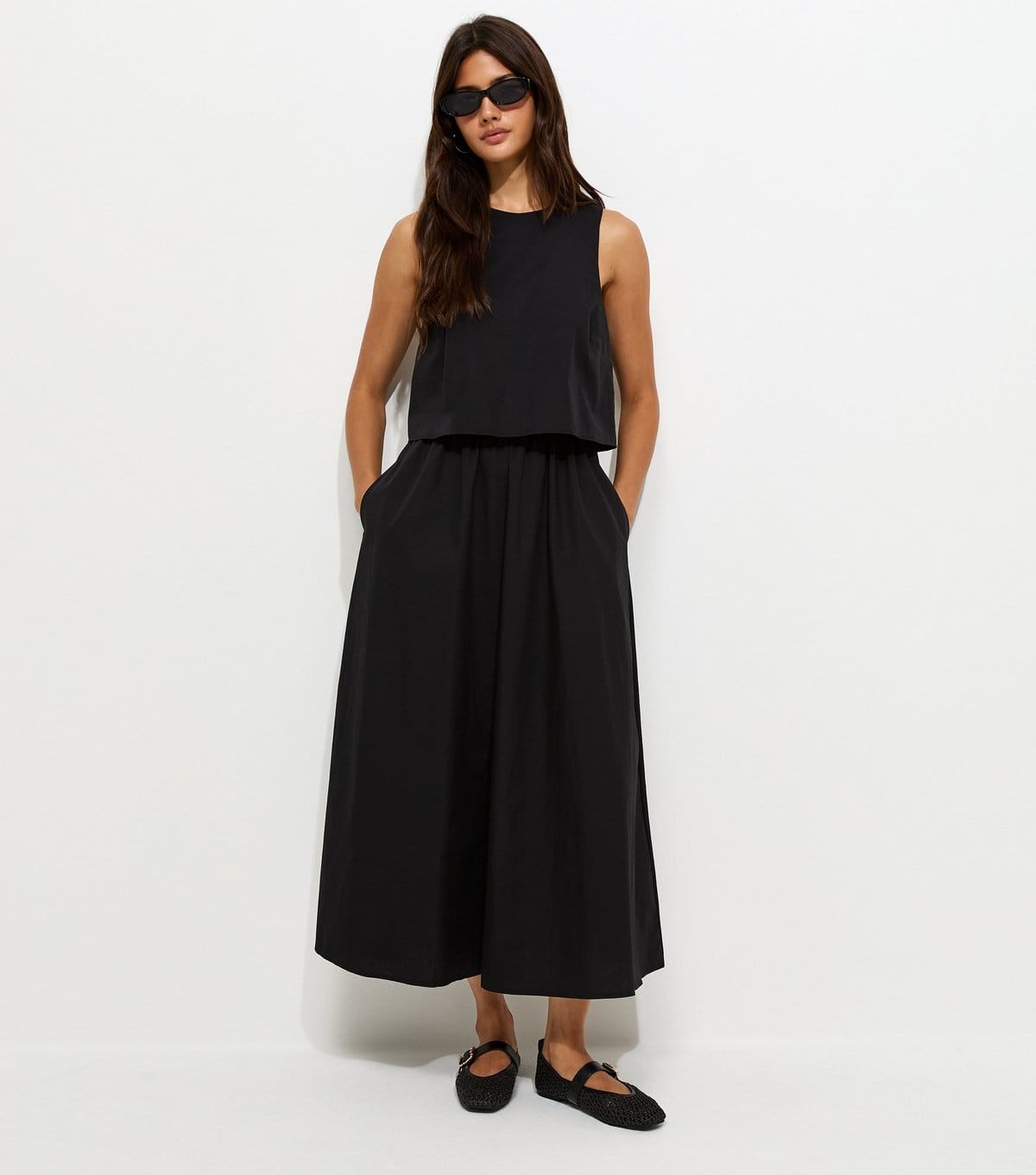 New Look Women's Black Cotton Layered 2-in-1 Sleeveless Midi Dress New Look - 1