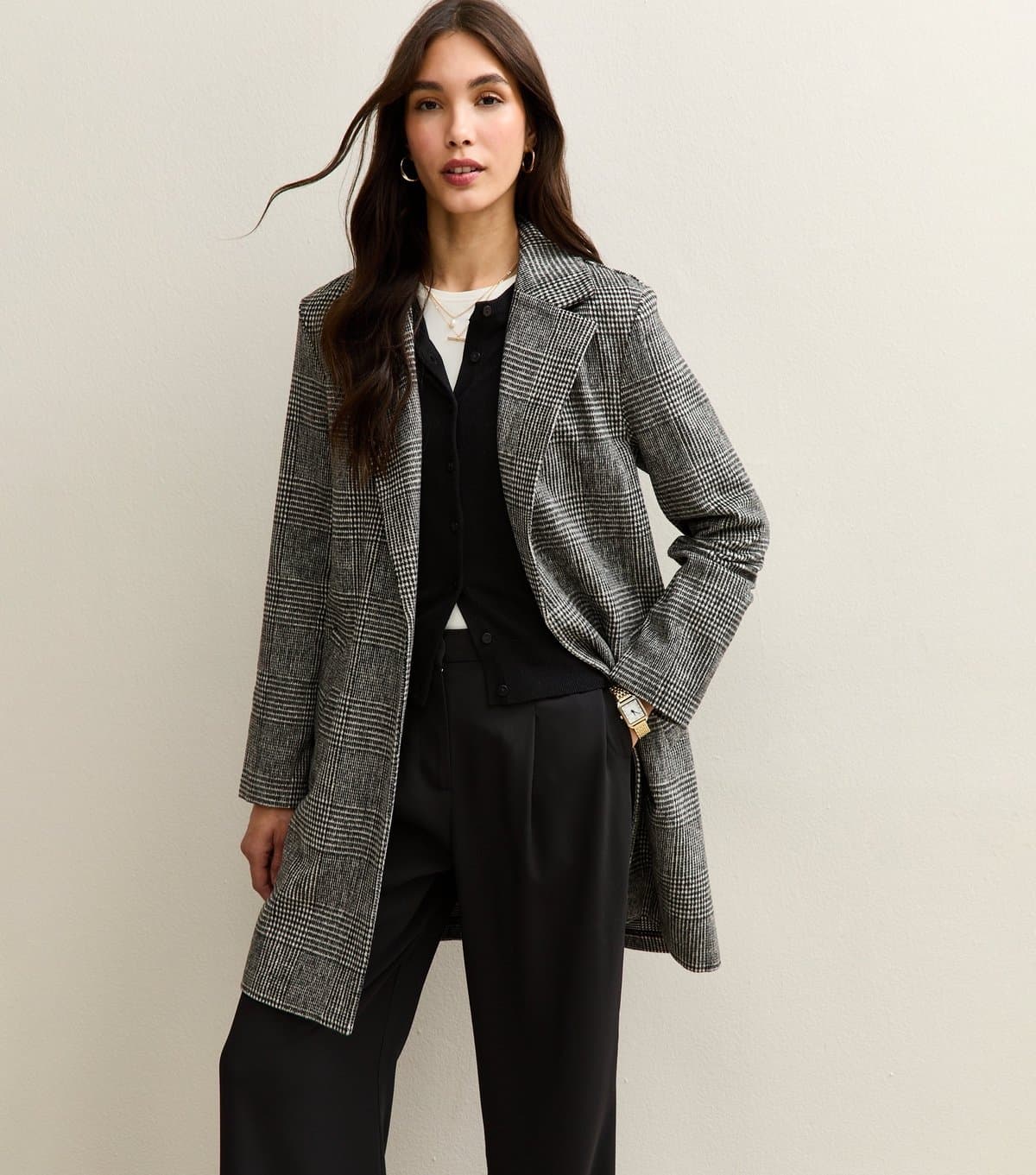 New Look Women's Black Check Collared Coat New Look