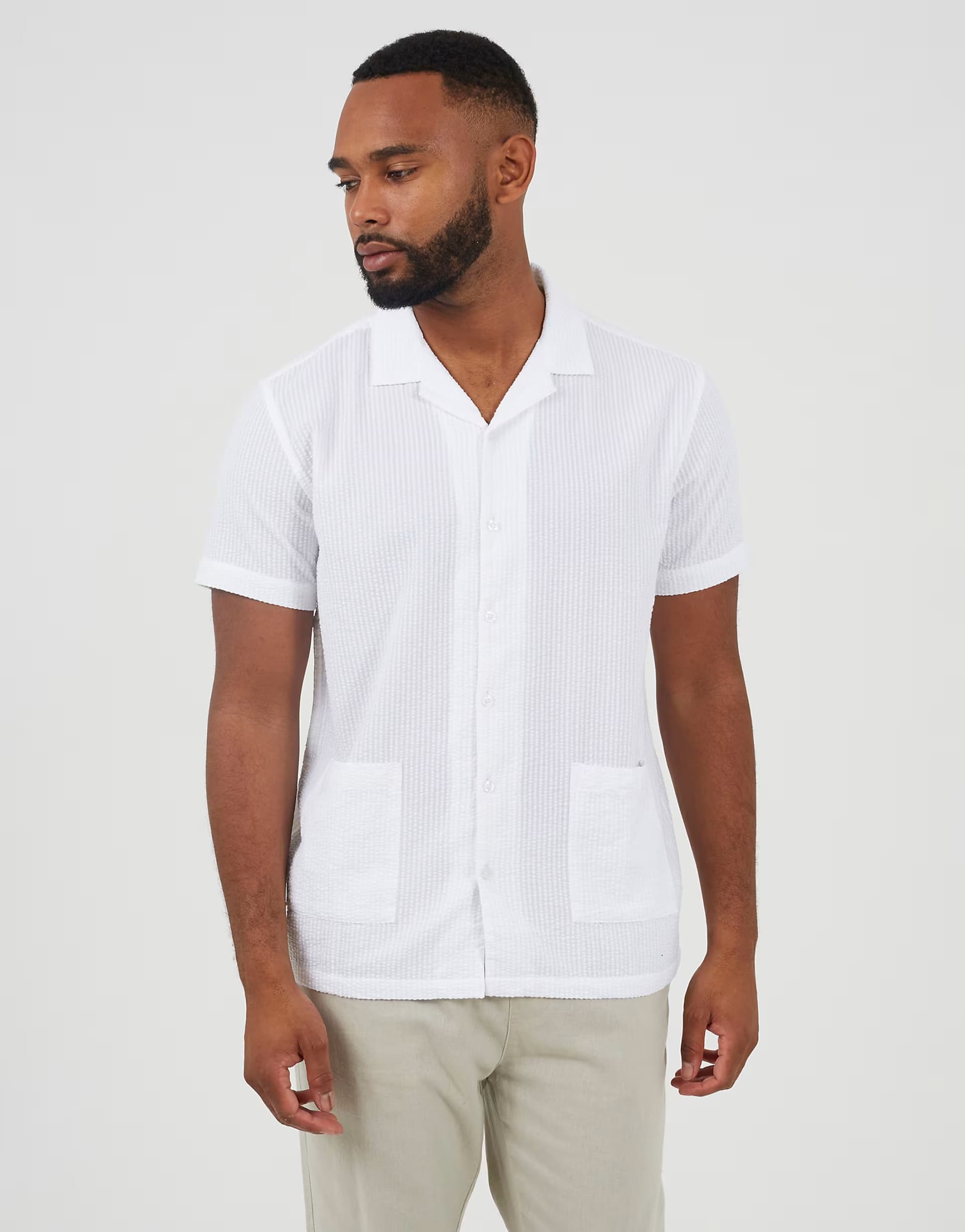 ASOS Brave Soul Revere collar patch pocket short sleeve shirt in off white