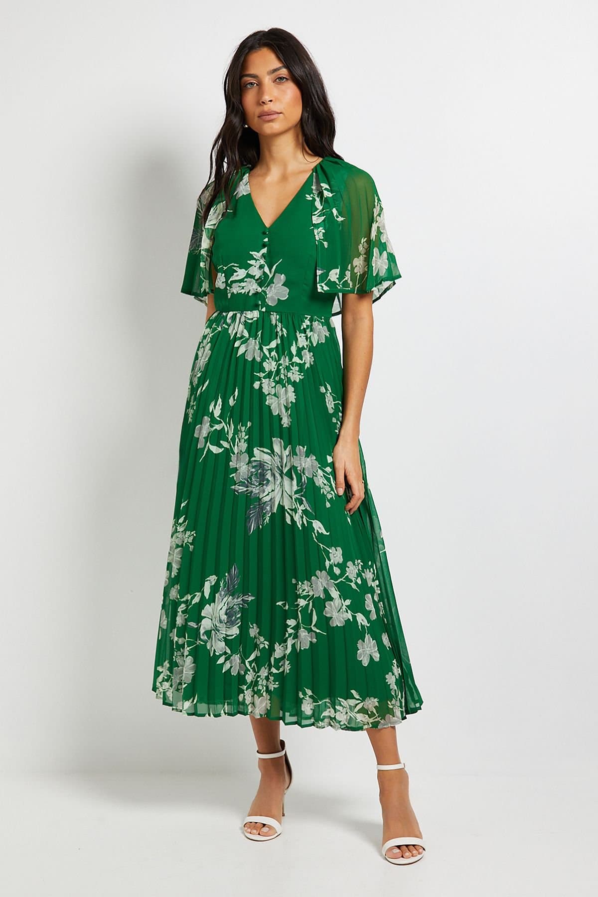 Wallis Wallis Women's Pleated Cape Sleeve Midi Dress in Green