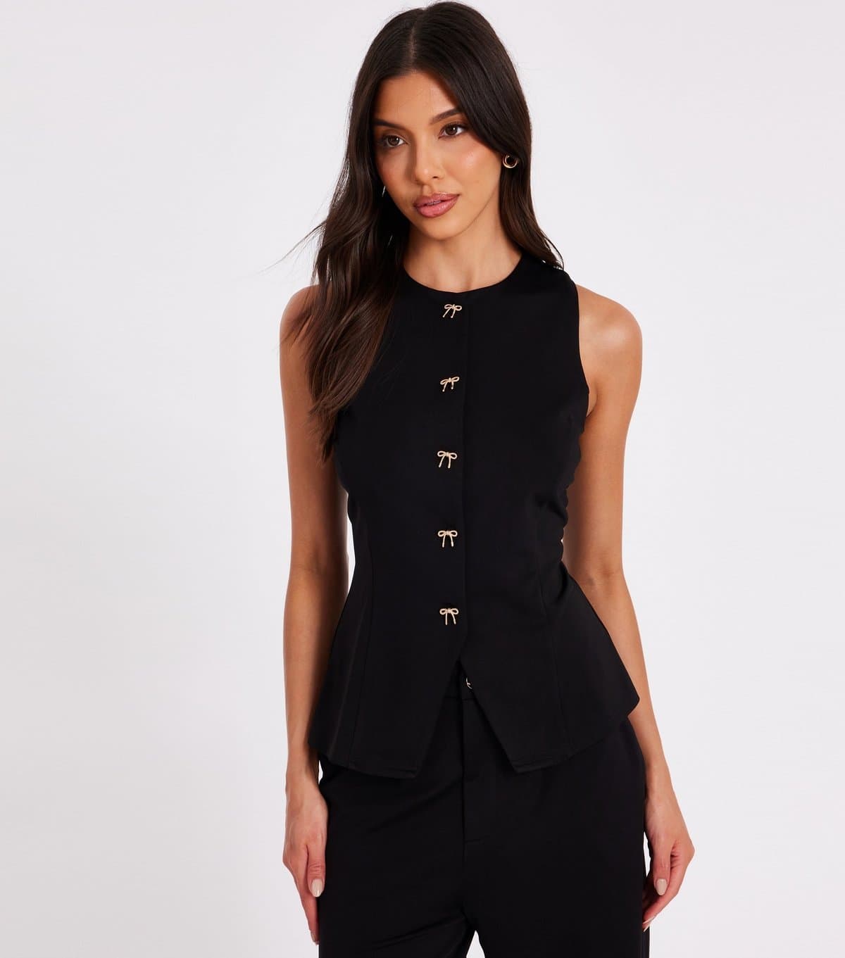 Quiz Women's Black Bow Button Woven Waistcoat Quiz New Look