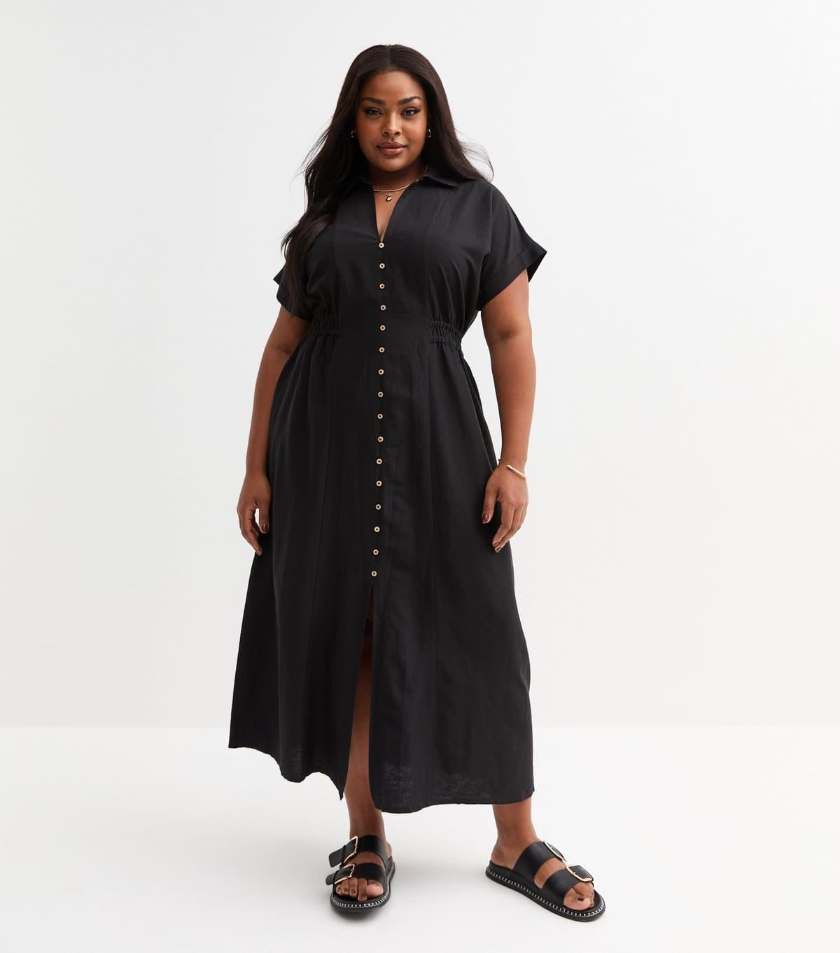 New Look Women's Plus Size Black Shirred Waist Midi Dress Curves New Look