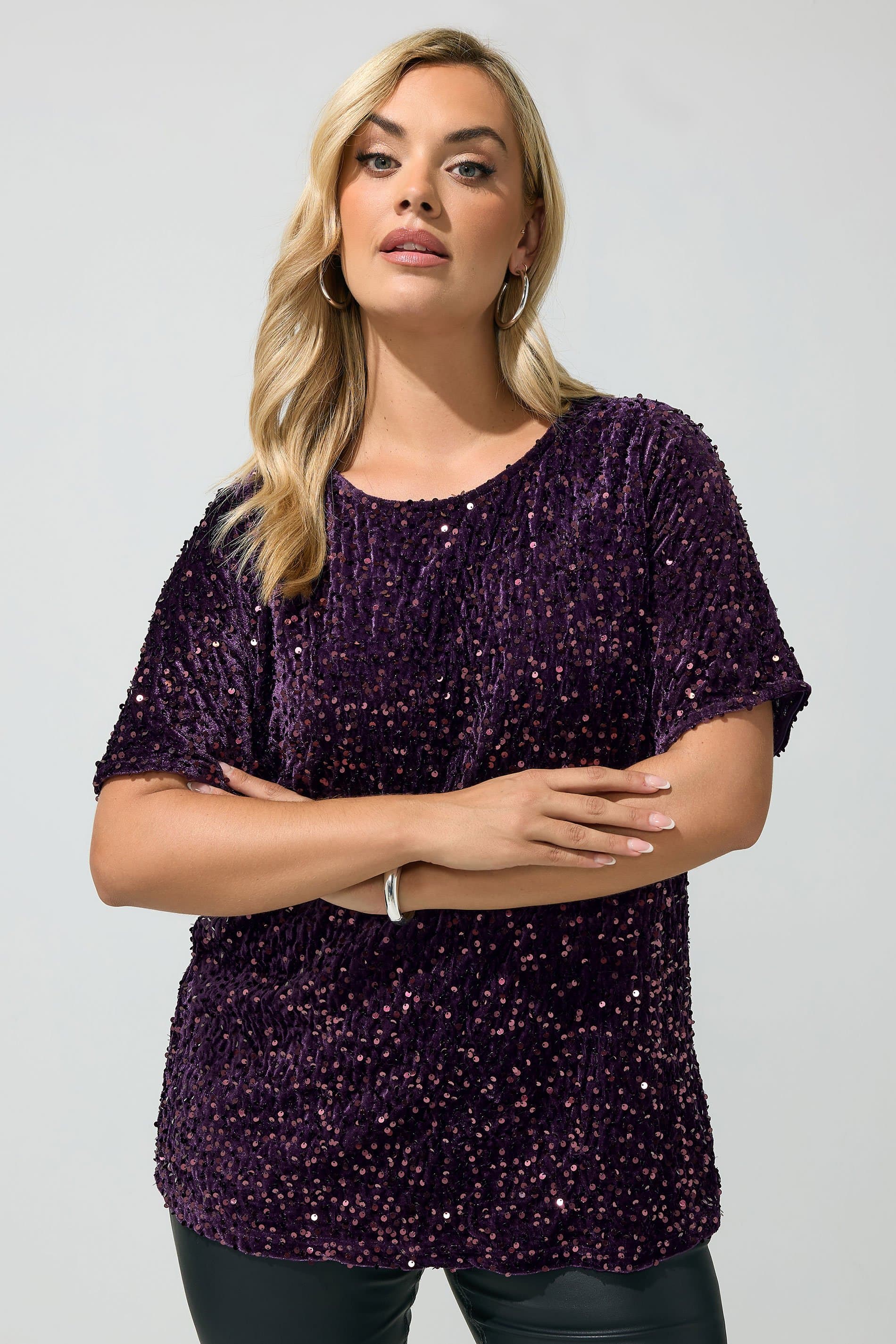 Yours London Plus Size Purple Sequin Velvet Tshirt