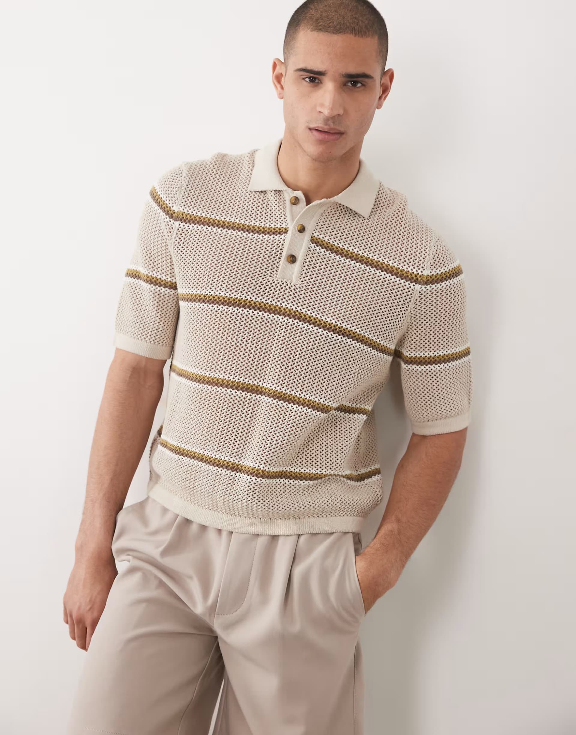 ASOS ONLY & SONS open knit relaxed fit shirt in cream with khaki and brown stripe