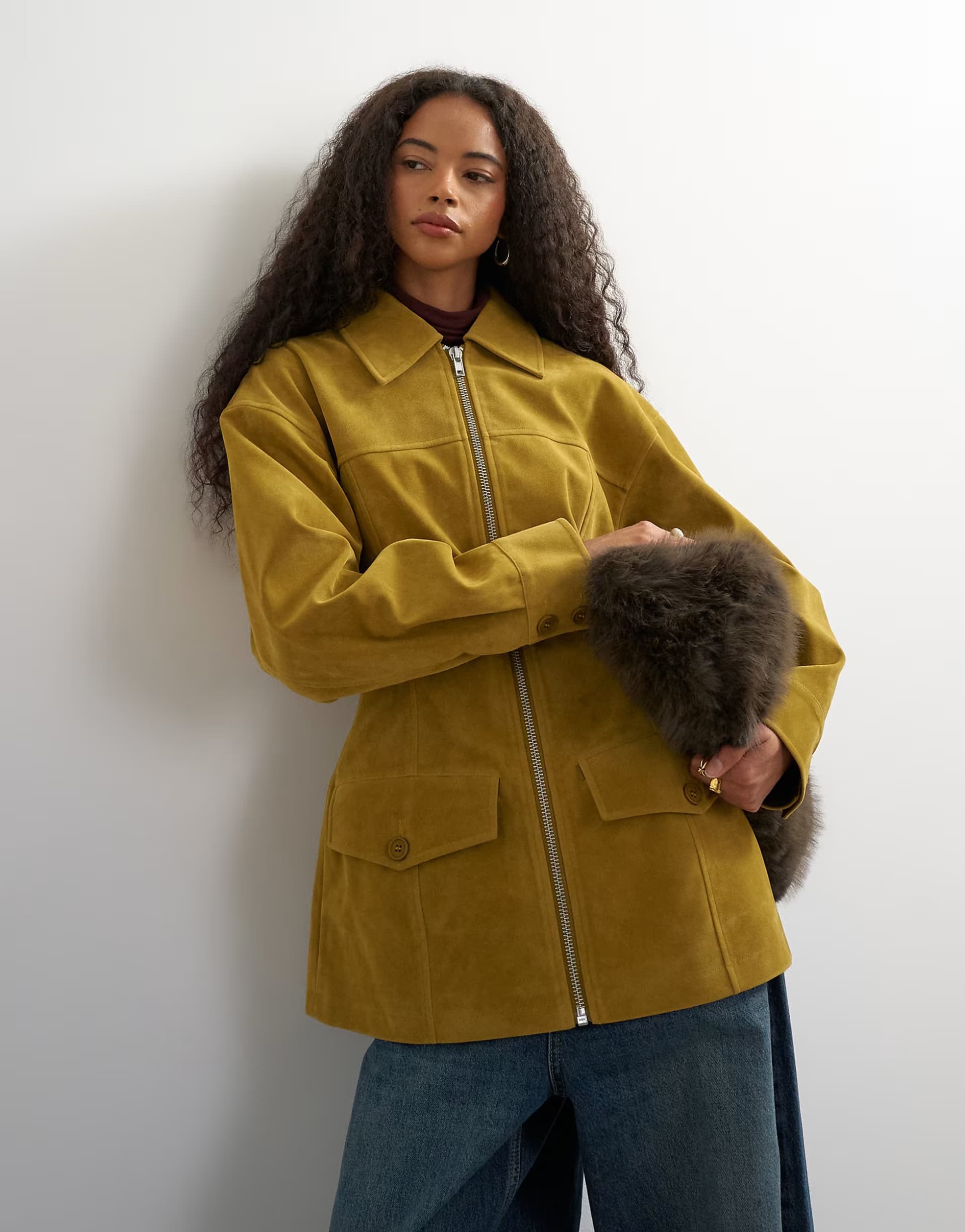 ASOS Topshop faux suede cinch waist blazer jacket in mustard
