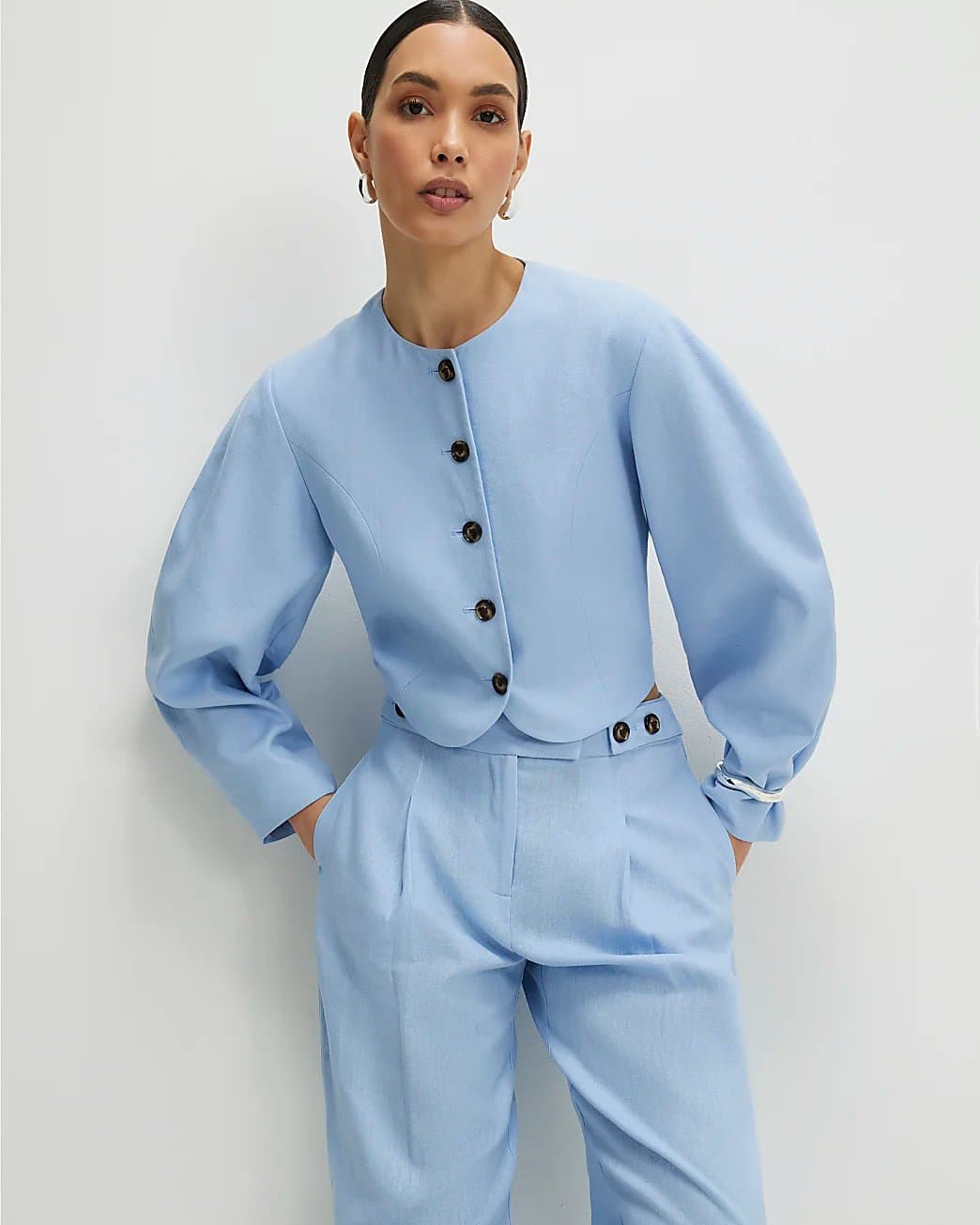 River Island River Island Womens Blue Linen Blend Balloon Sleeve Jacket